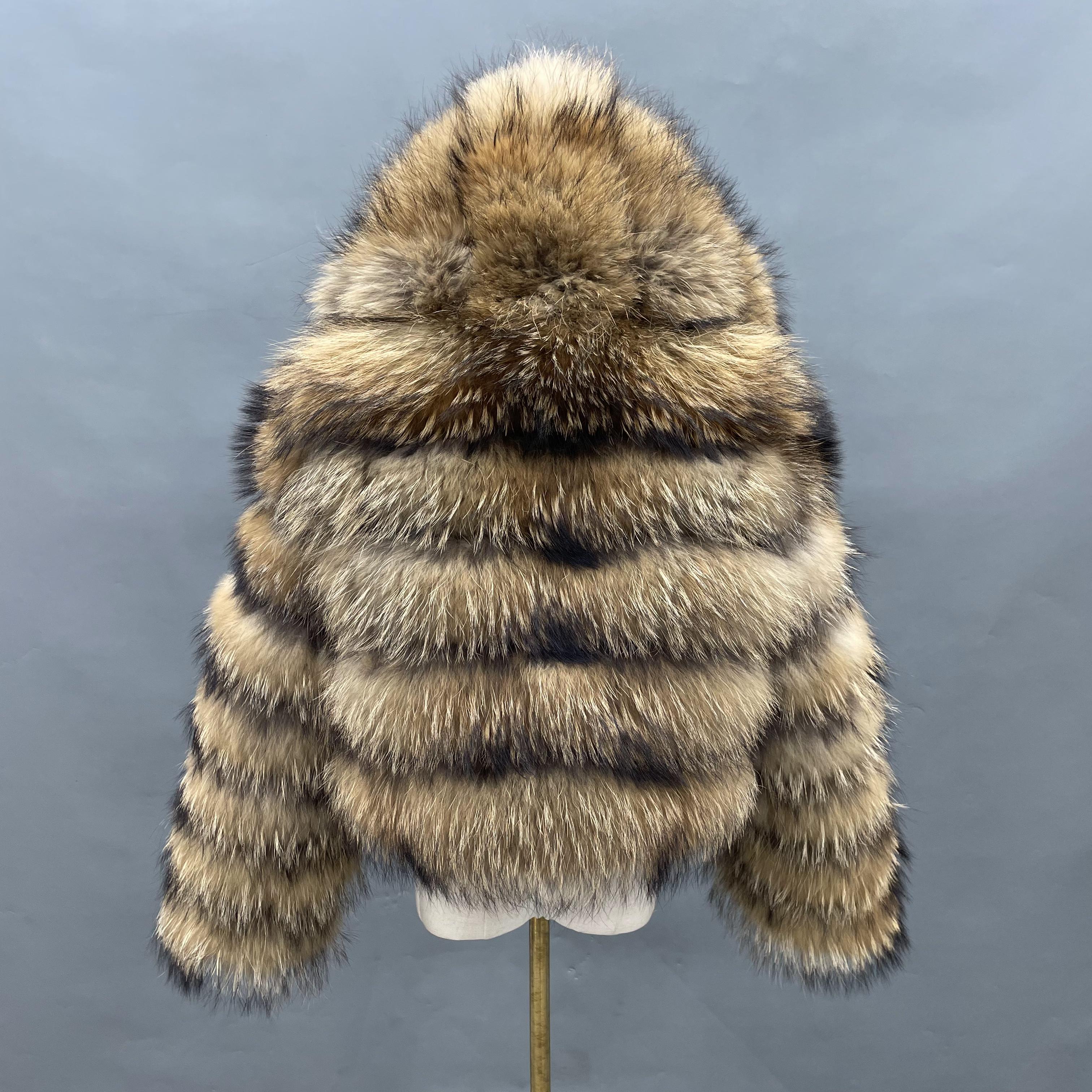 Women's Short Raccoon Fur Jacket with Hood and Zipper – 5-Section Real Fur Coat for Winter