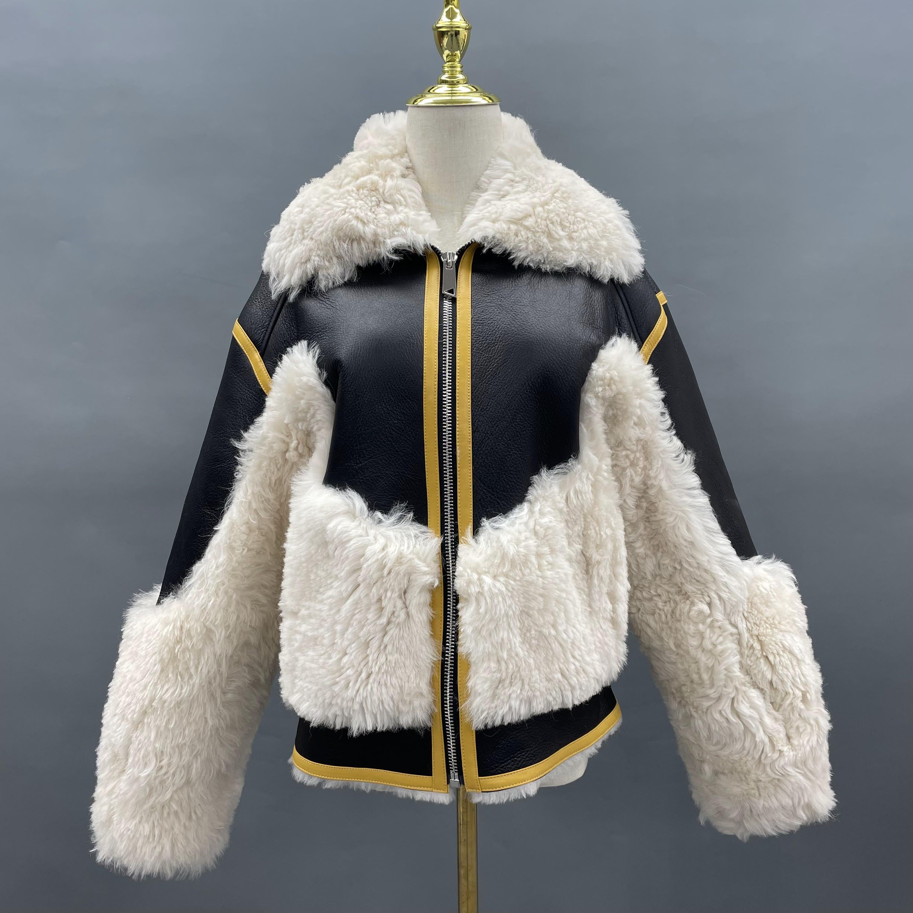 Women's Short Shearling Jacket with Bazaar-Style Notched Lapel, Black & Yellow Contrast & Zipper Front - Edgy Winter Outerwear