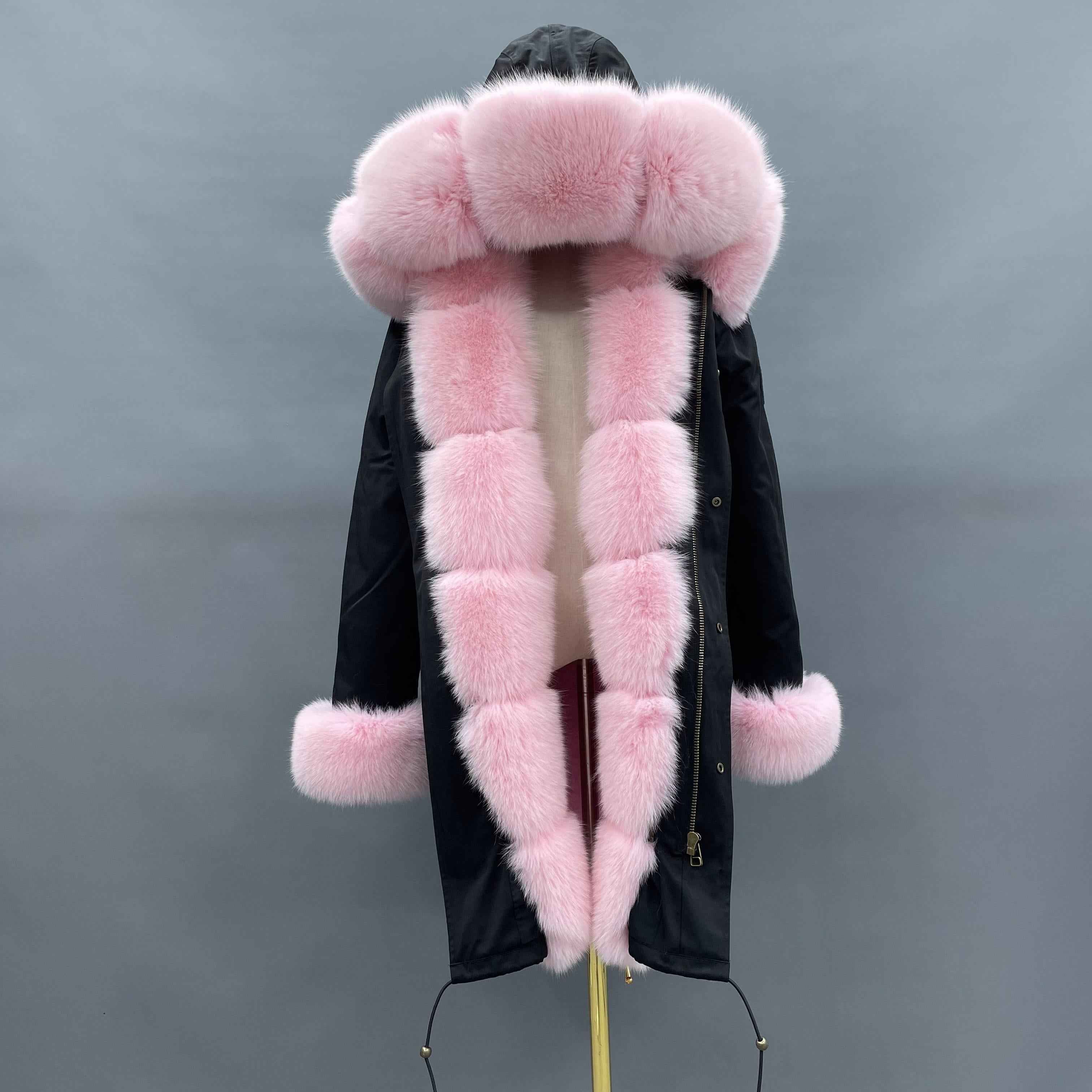 Long Black Parka with Pink Fox Fur Trim – Hooded Winter Coat for Women, Faux Fur Collar & Cuffs, Warm Oversize Outerwear 1#
