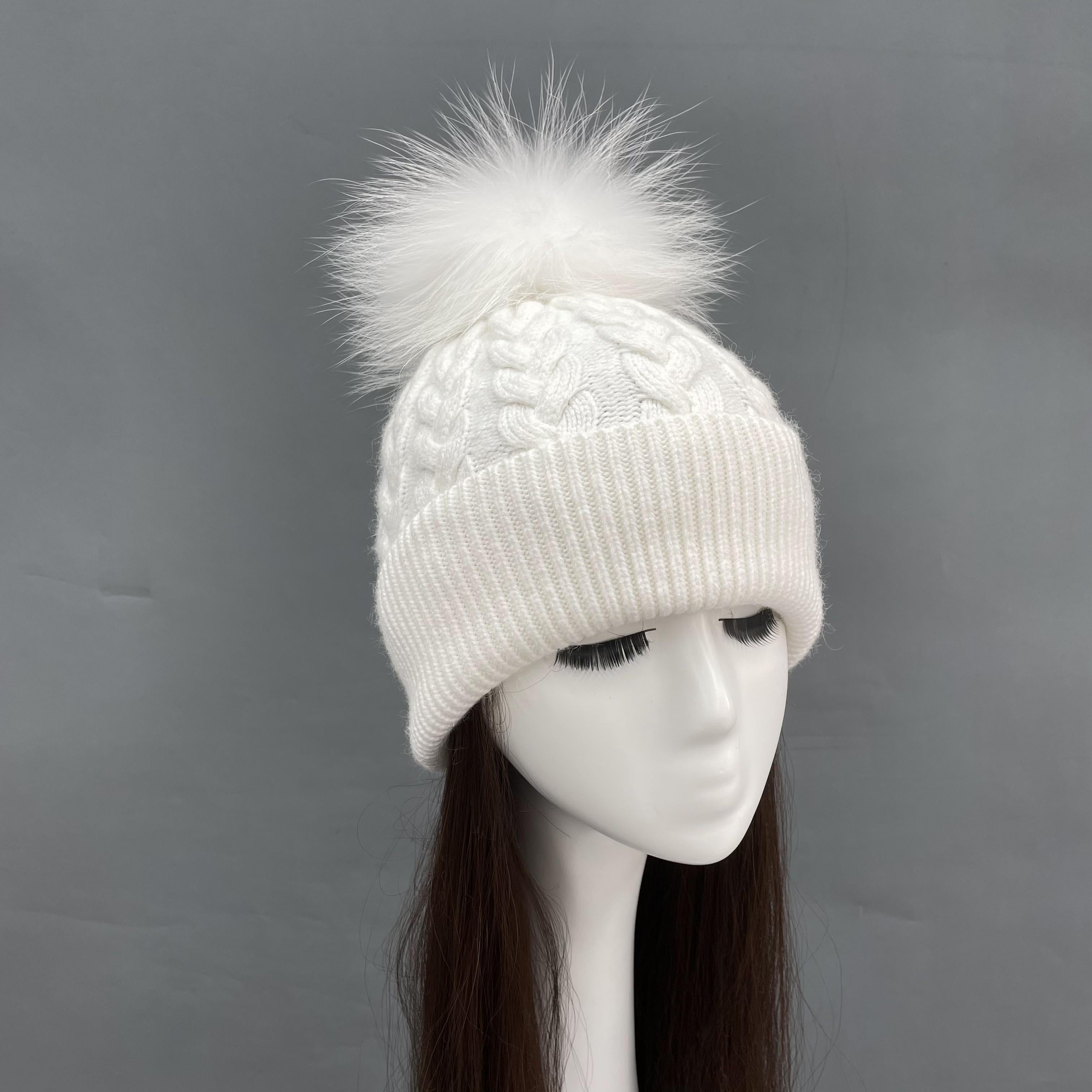 Ladies Beanie Hat Angora Knitted Raccoon Fur Pom Pom Warm Hat - Janefur
