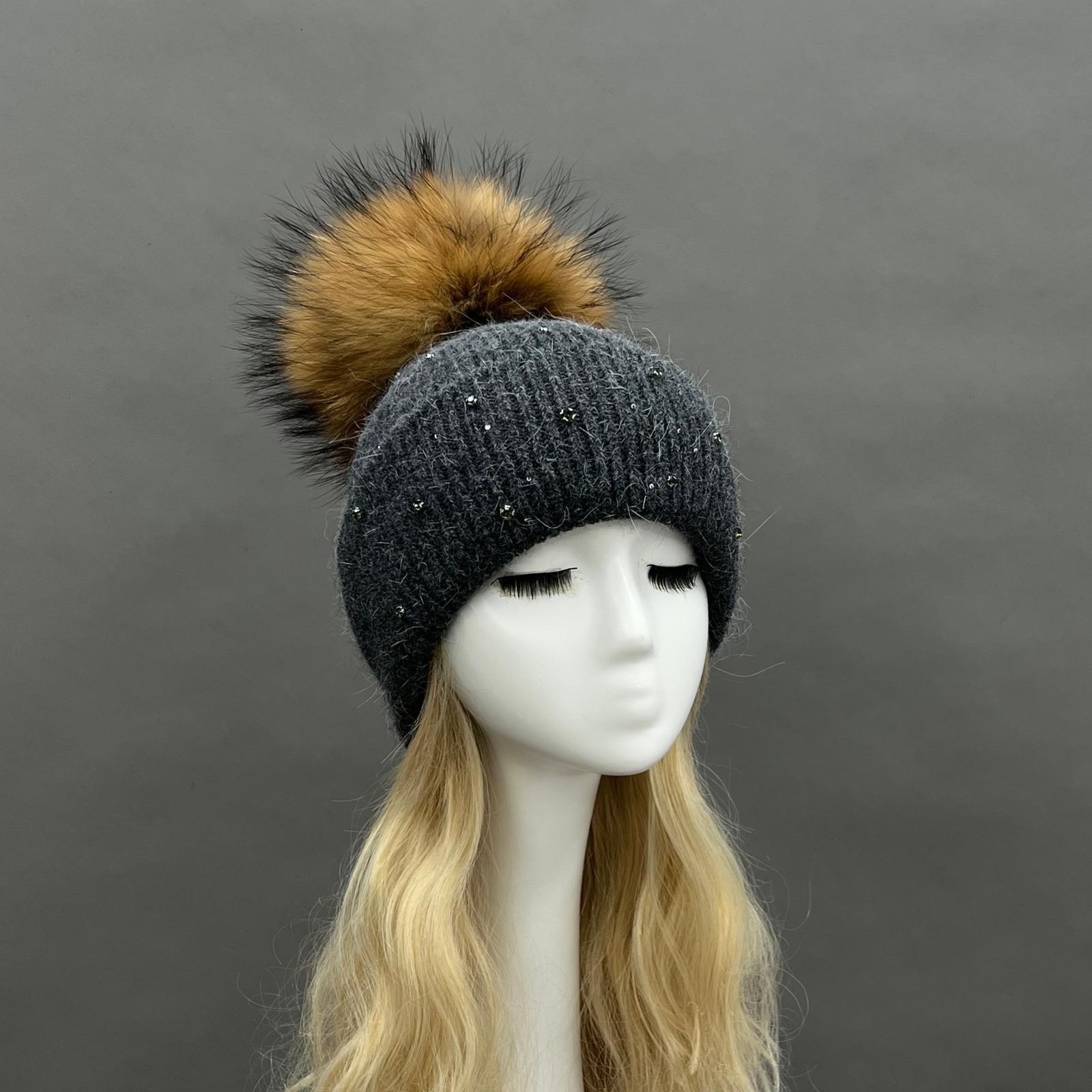 Women's Warm and Casual Rabbit Fur Hat with Sparkling Fur Pompoms - Janefur