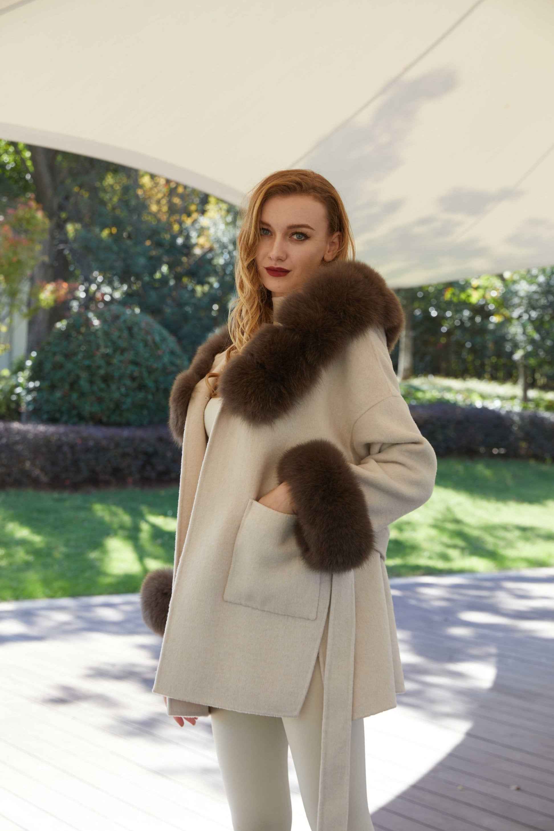 Women's Segmented Fur Collar Hooded Double Sided Cashmere Cuffs with Fur Collar Coat - Janefur