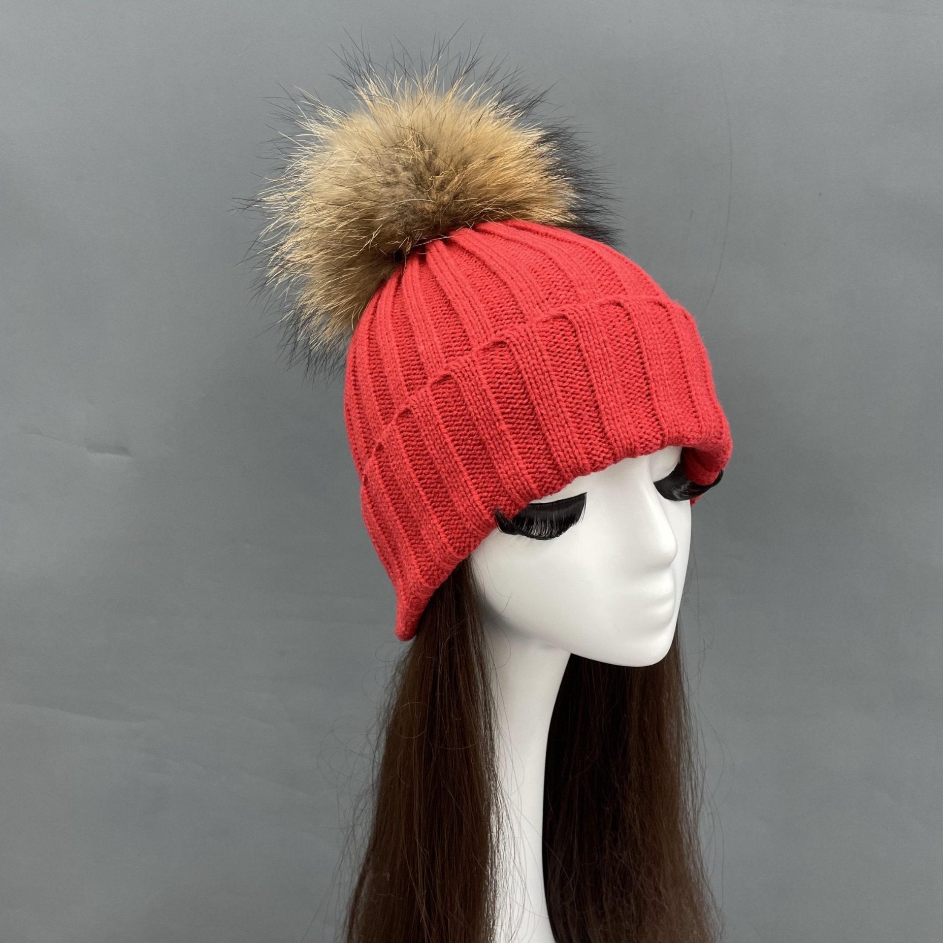 New Fall And Winter Striped With Fur Pom Pom Acrylic Hat - Janefur