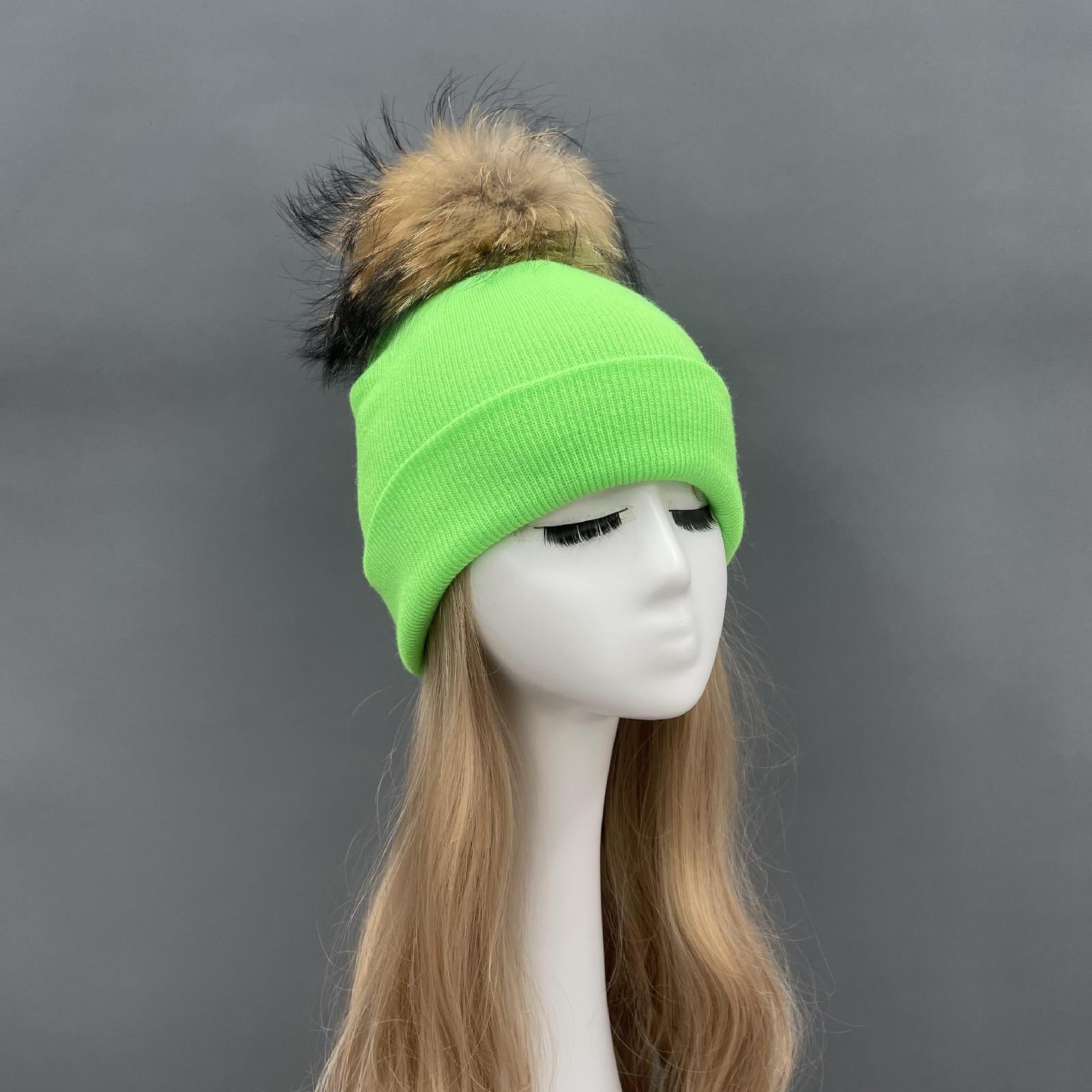 Solid Color Acrylic Knitted Hat with Single Fur Pom Pom Women's Knit Cap - Janefur