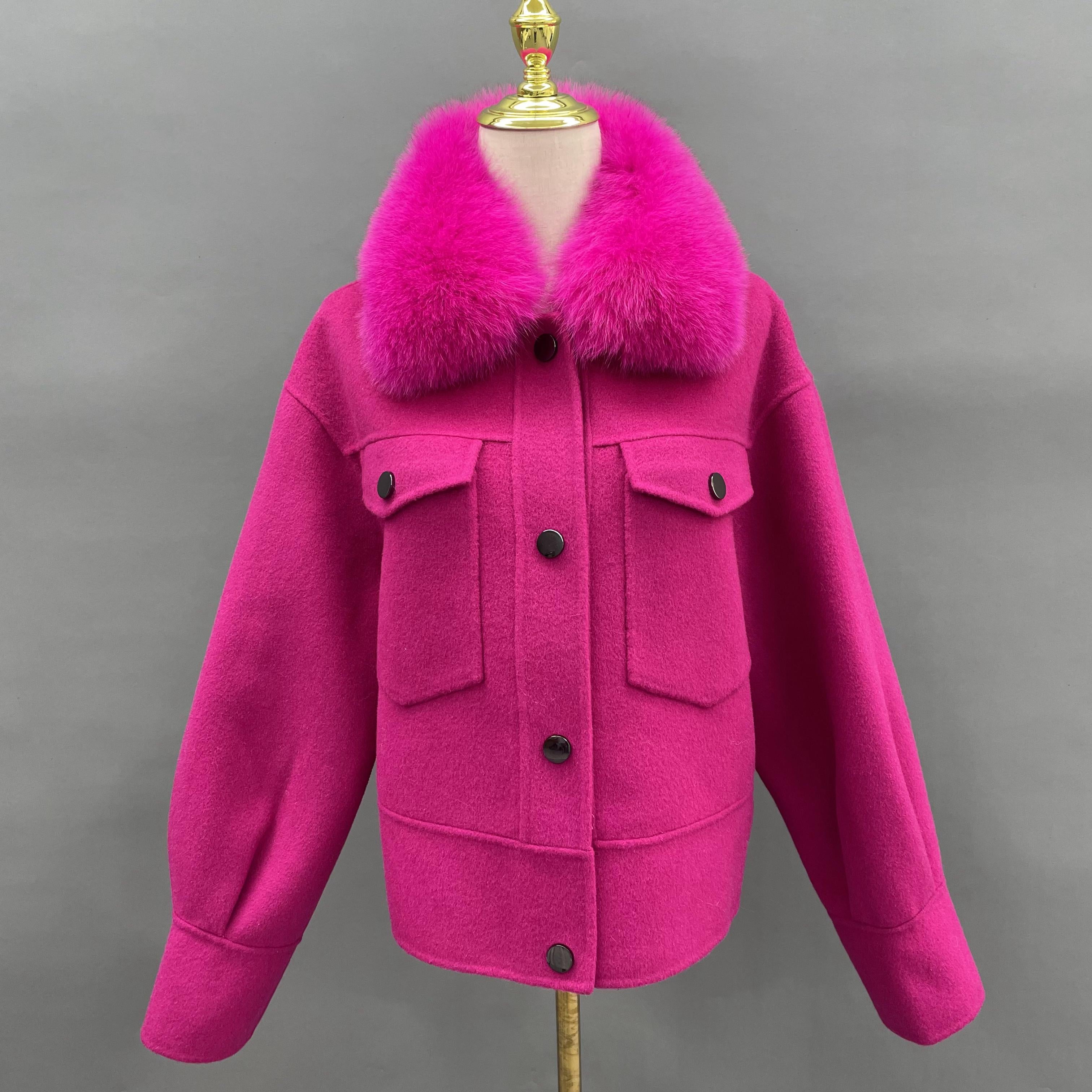 Women's Short Fox Fur Lapel Buckle Fly Casual Cashmere Jacket - Janefur