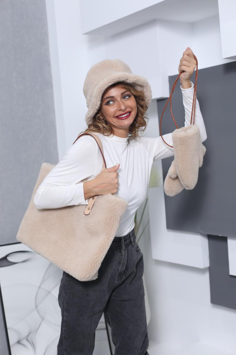 Fashionable Winter Warm Lamb Wool Fisherman Hat Bag Set - Janefur