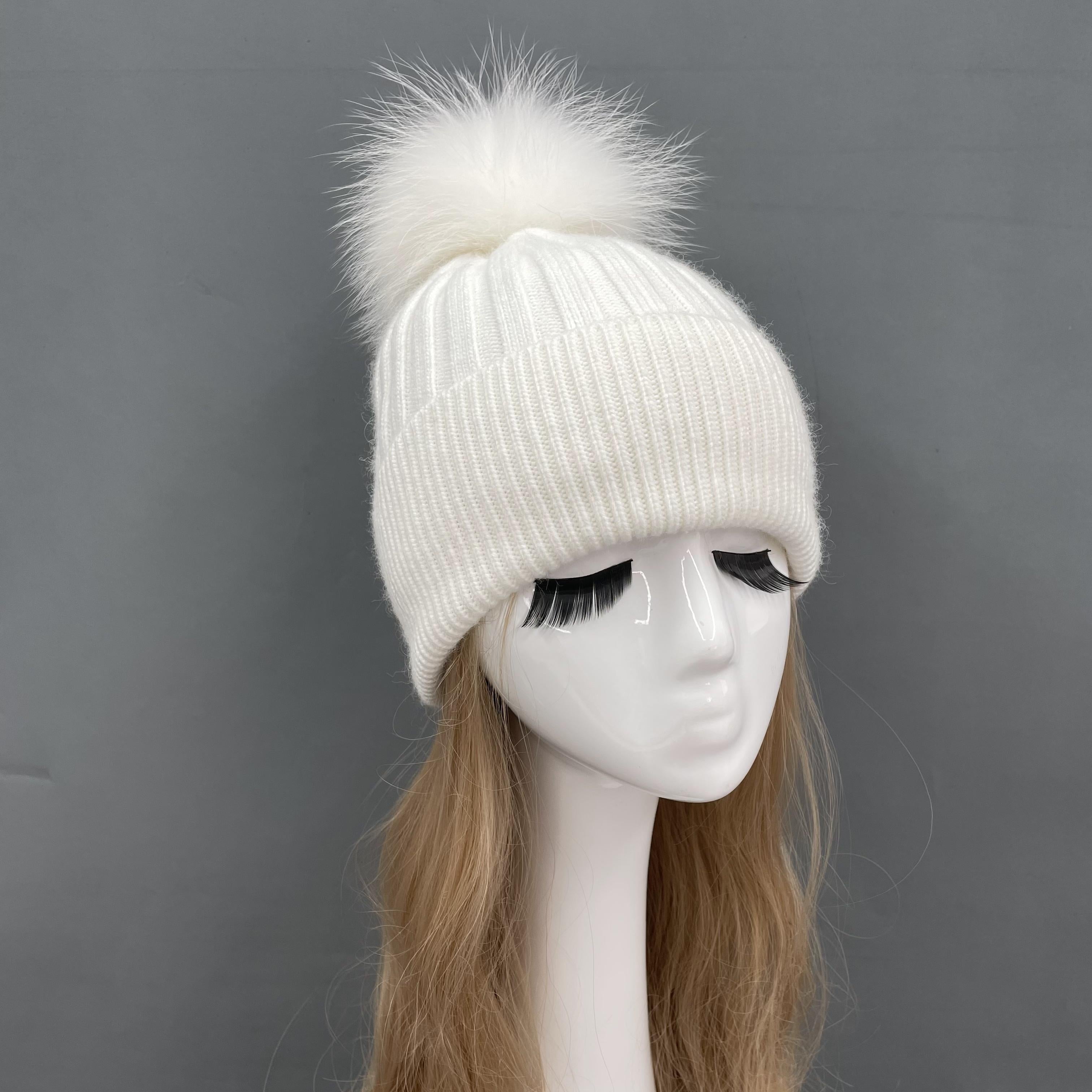 Winter Knitted Angora Beanie Hat With Removable Fur Pom Pom - Janefur