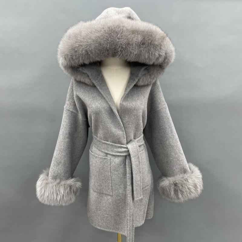 Short Length Hooded Double-faced Wool Coat with Large Pockets - Janefur
