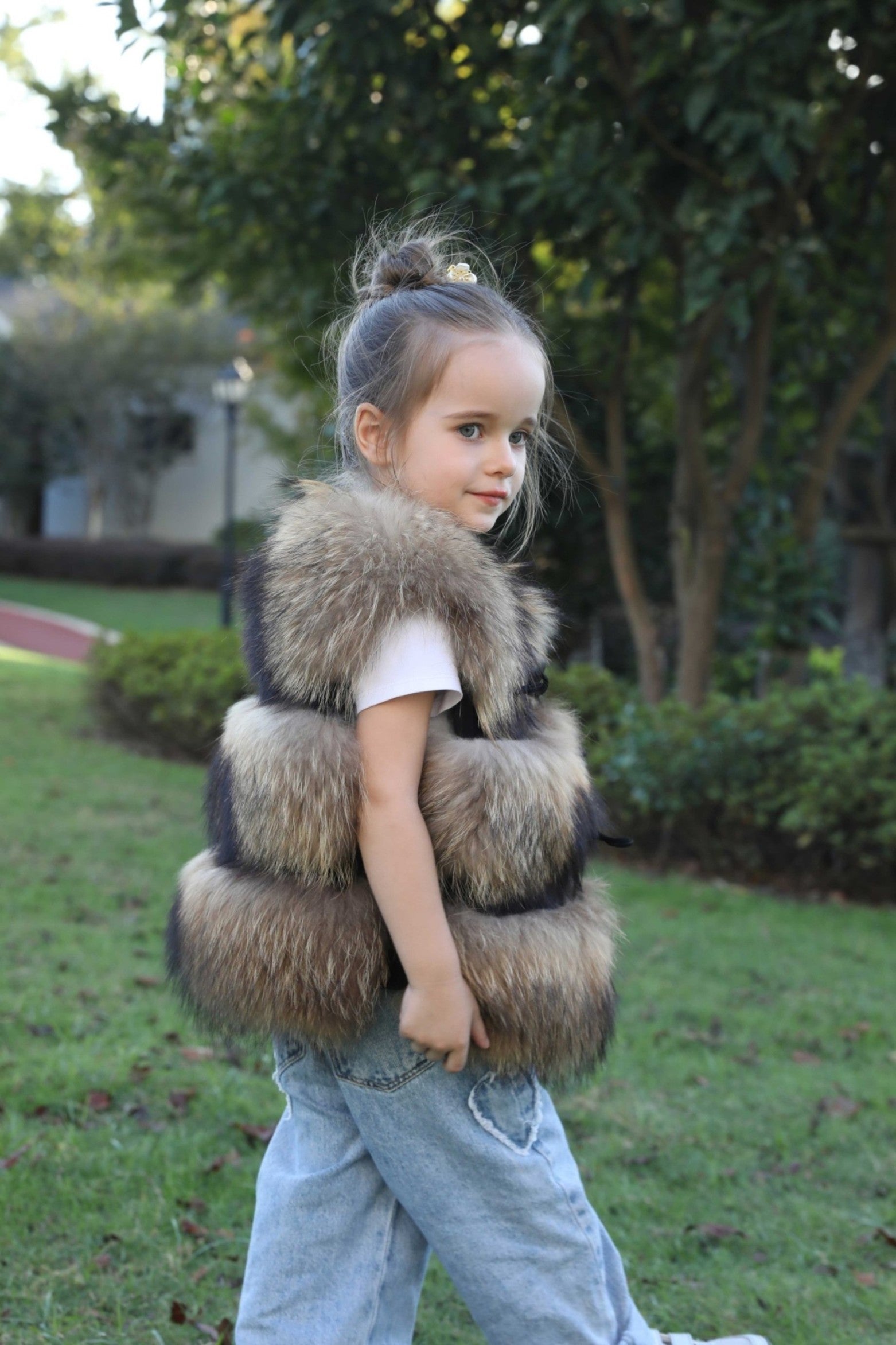 Children's Fall and Winter Three Sections Raccoon Fur Vest - Janefur