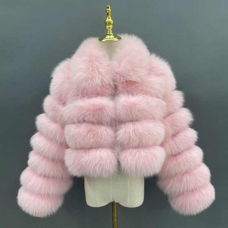 Women's Short Zip Fox Leather Jacket Square Neck Fluffy Fashion Coat - Janefur