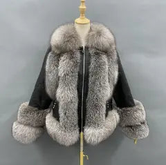 Women's Leather Coat With Fox Fur Collar Zipper - Janefur