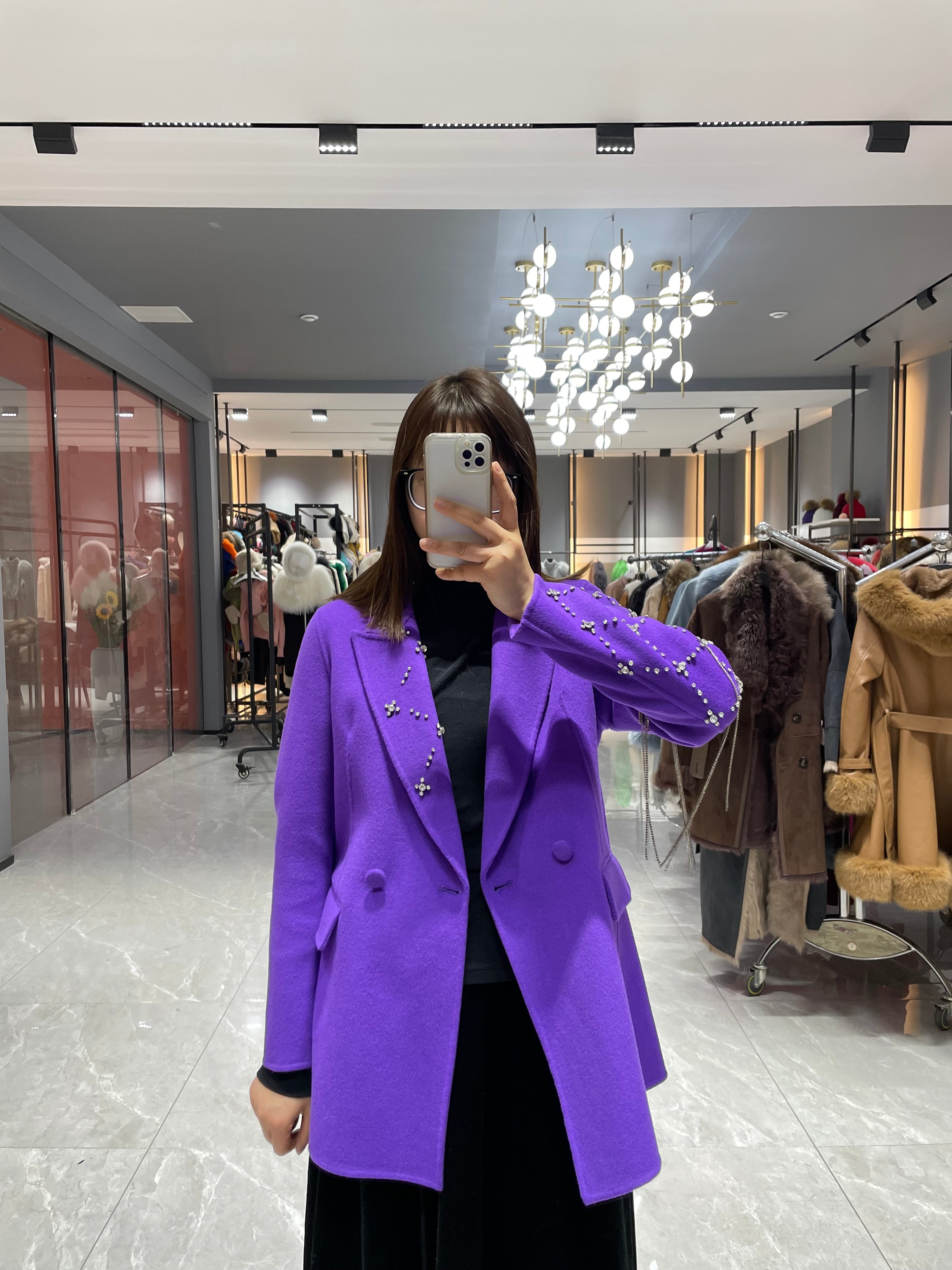 Elegant Pink Double-faced Wool Coat with Single-side Sleeve and Collar Diamond Embellishments - Janefur