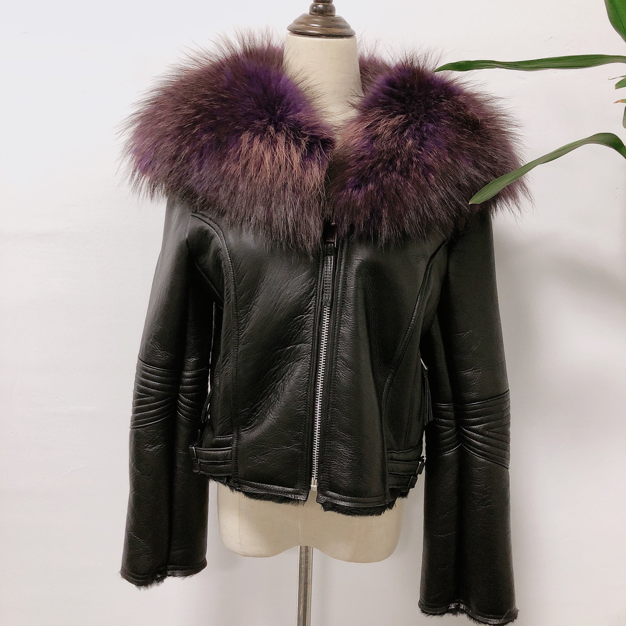 Large Raccoon Fur Collar Leather and Fur Combination - Janefur