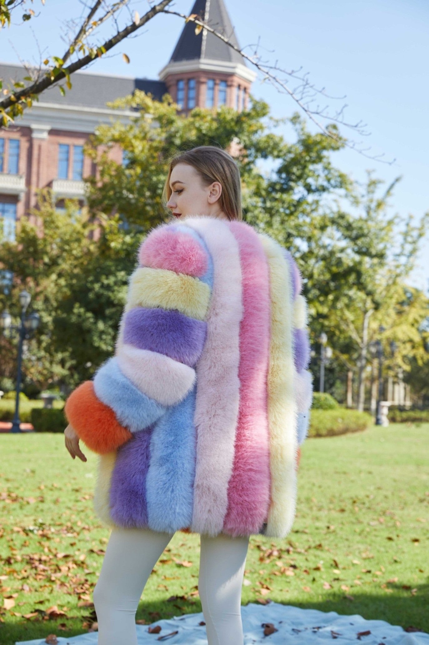 New Women's Vertical Stripe Long Faux Fox Fur Coat Eco Fur Coat - Janefur