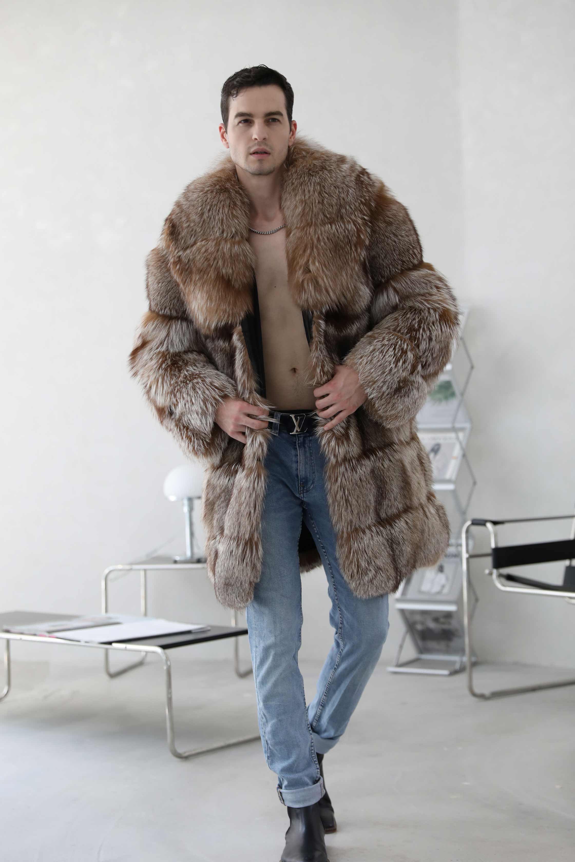 Long High-Quality Men's Winter Fur Coat Fashion Silver Fox Fur Coat - Janefur