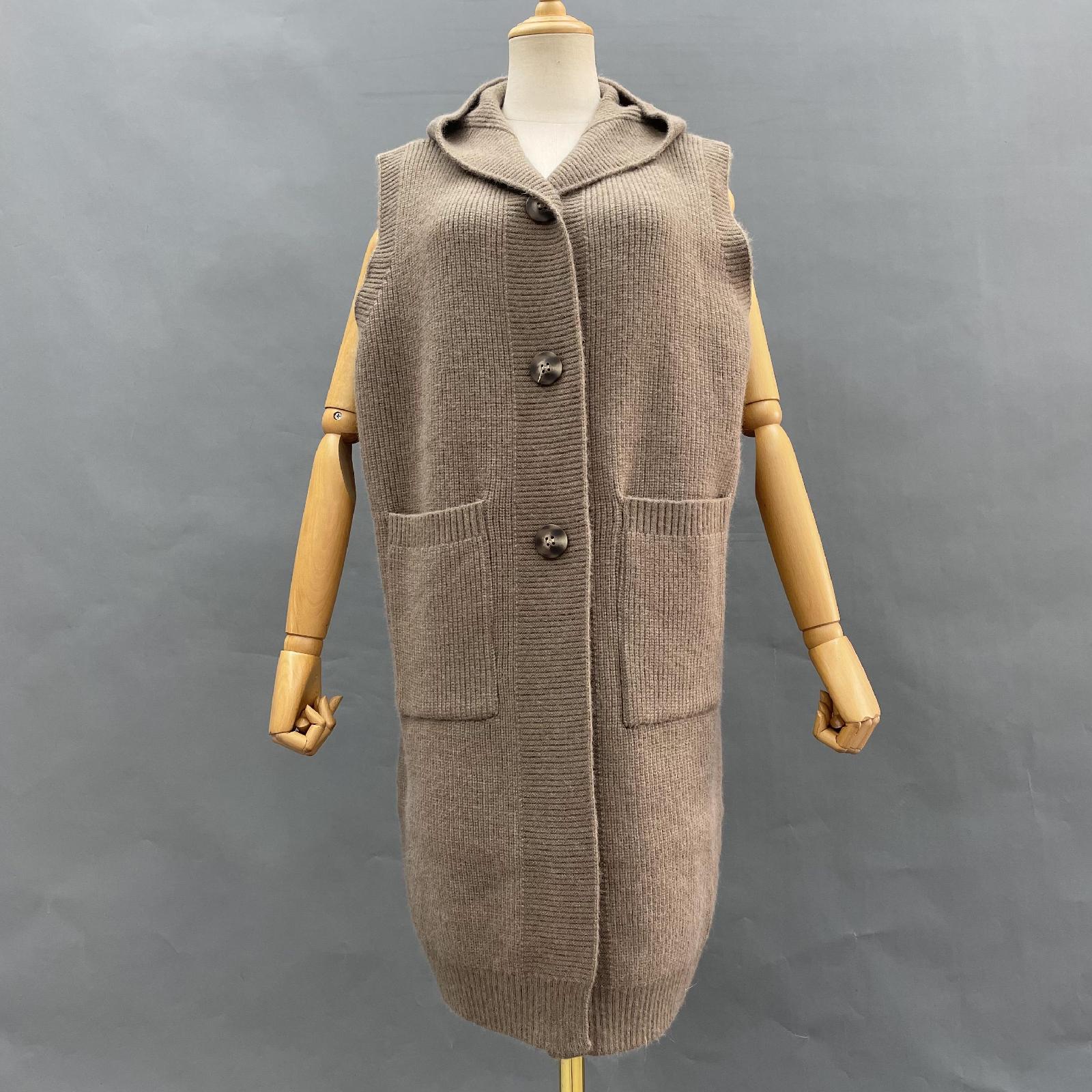 Women's Knitted Sweater Hooded Vest Sleeveless Button Down Cardigan Outwear Top with Pockets - Janefur