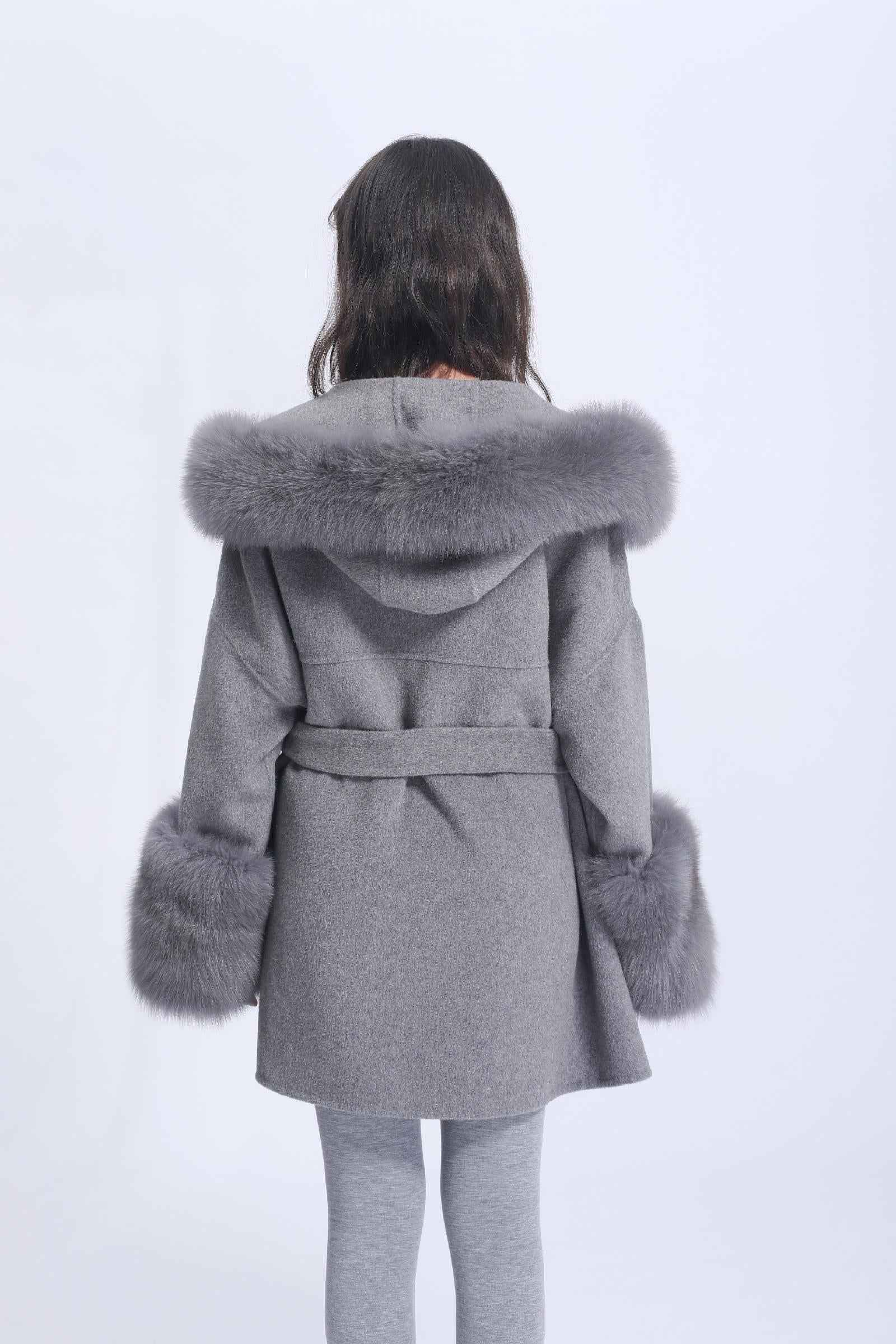 Double-faced Wool Coat Women's Casual Short Style with Cuffed Fur Sleeves, Hood, and Fur Collar Cashmere Jacket - Janefur
