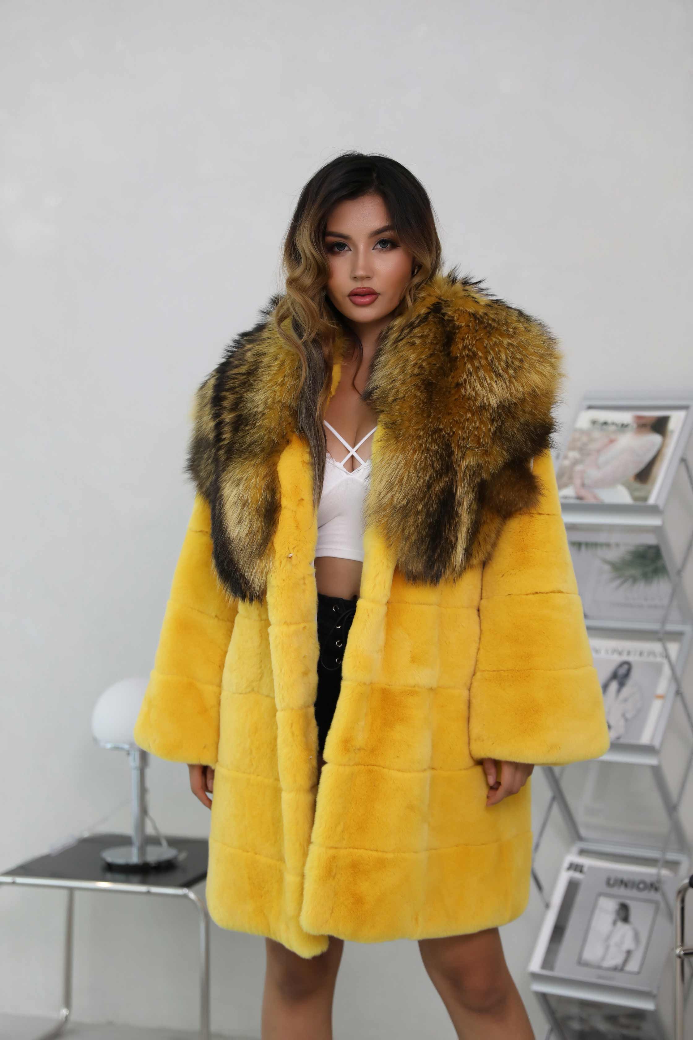 Winter Womens Rabbit Fur Coat Raccoon Fur Collar Real Fur Jacket - Janefur