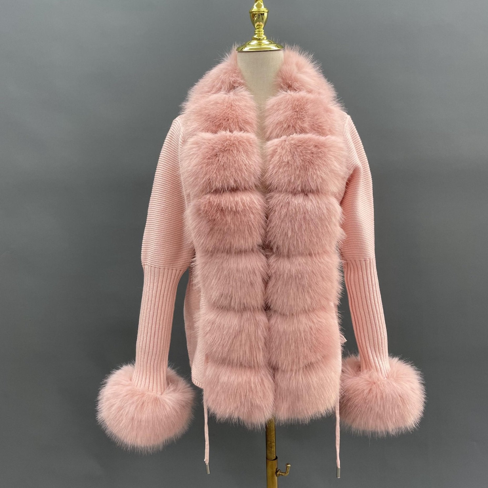 Women's Knitted Sweater Coat Cuff Placket with Eco-Fur Faux Fur - Janefur