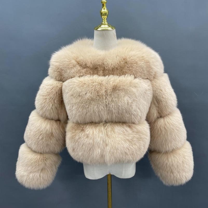 Women's Warm Round Neck Real Fur Blue Fox Short Coat In Winter - Janefur