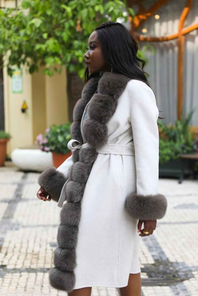 Segmented Fox Fur Front Wool Coat with Fur Cuffs - Janefur