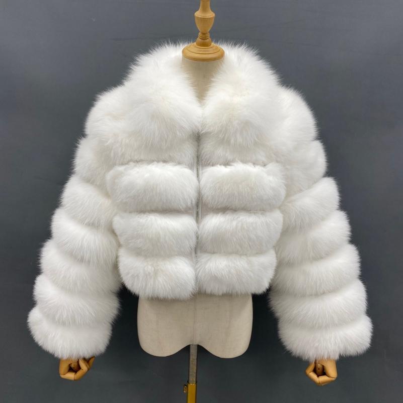 Women's Short Zip Fox Leather Jacket Square Neck Fluffy Fashion Coat - Janefur