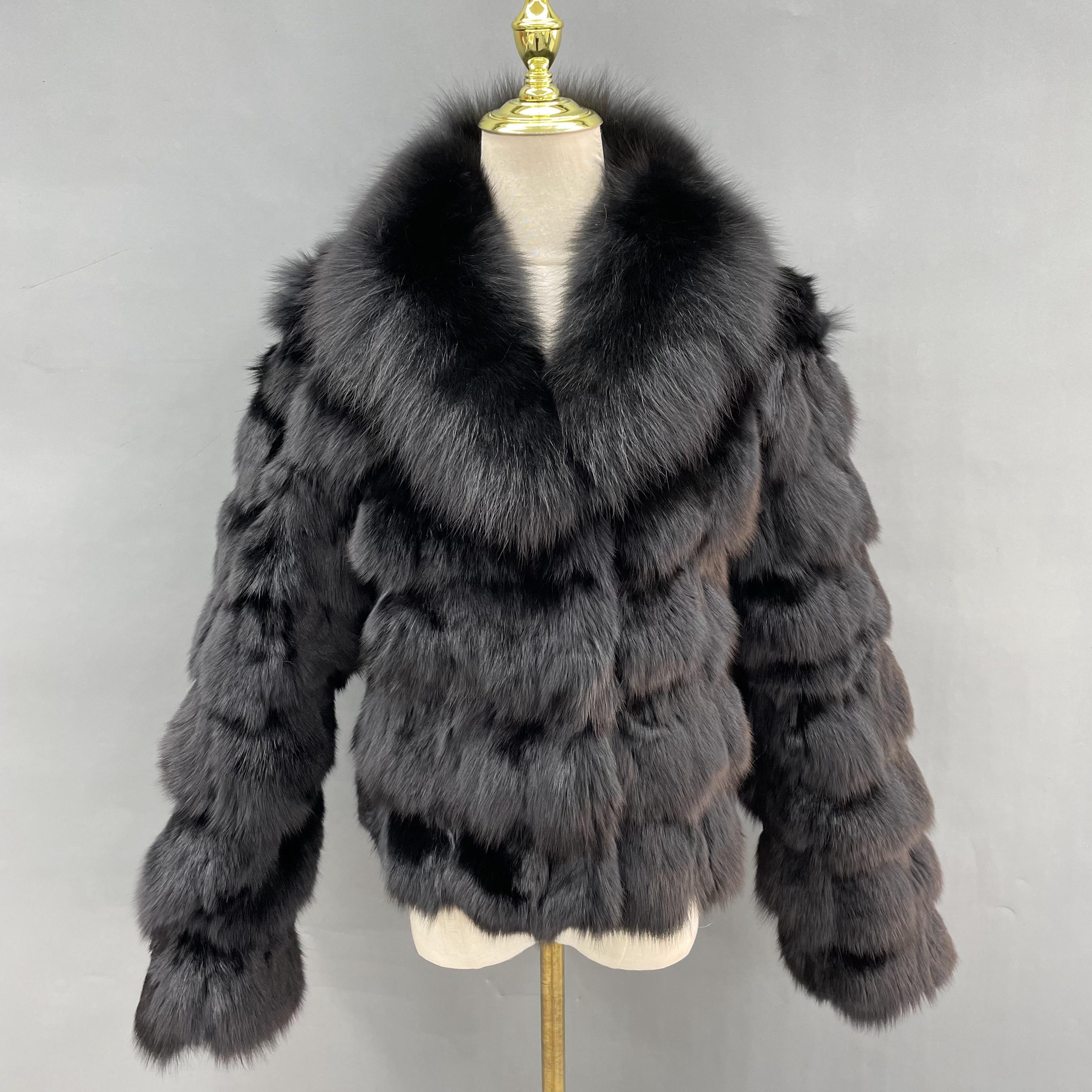 Plus Size Women's Short Stylish Lapel Real Fox Fur Luxury Jacket - Janefur
