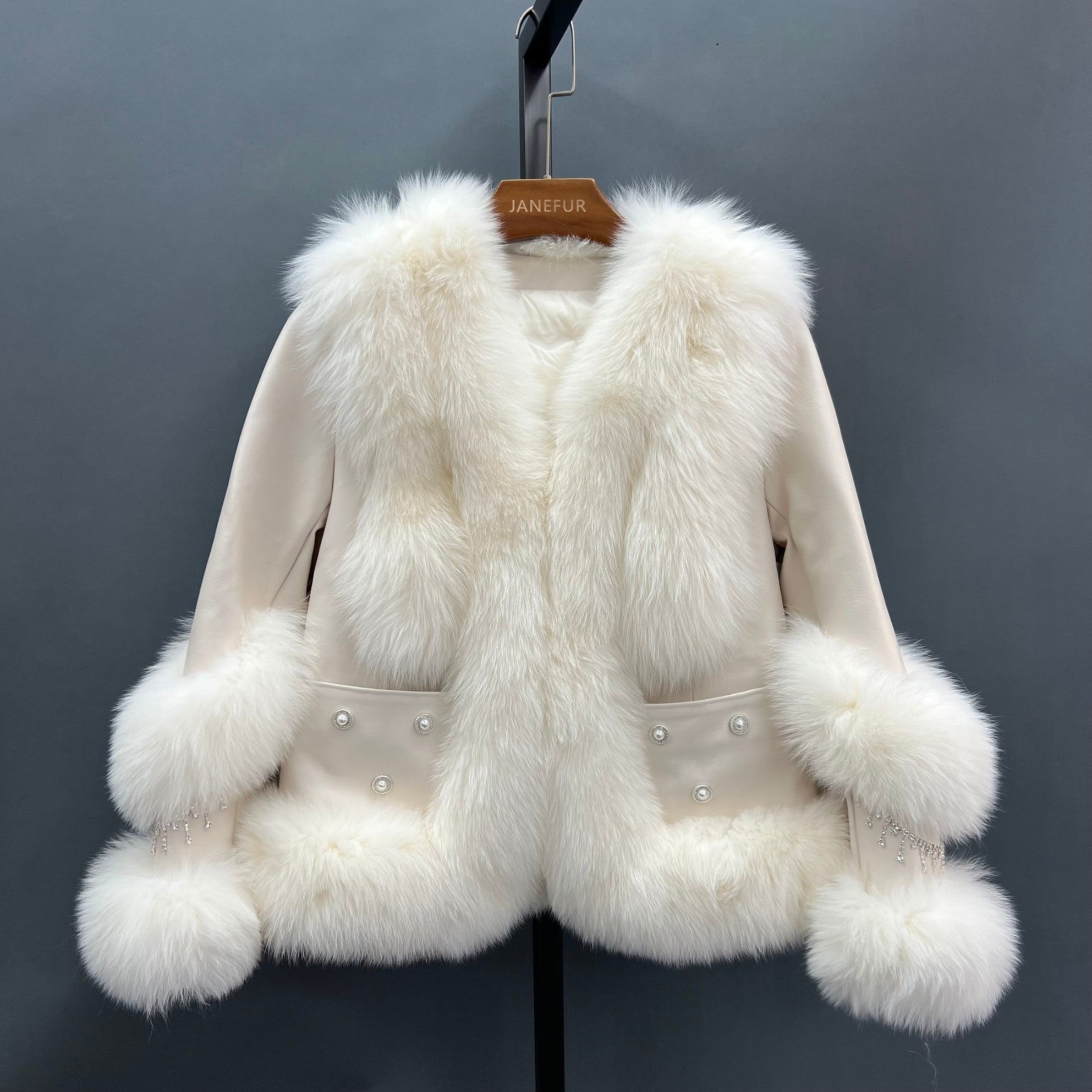 Women's Fox Fur Placket Down Jacket With Pearl Embellished Pockets - Janefur
