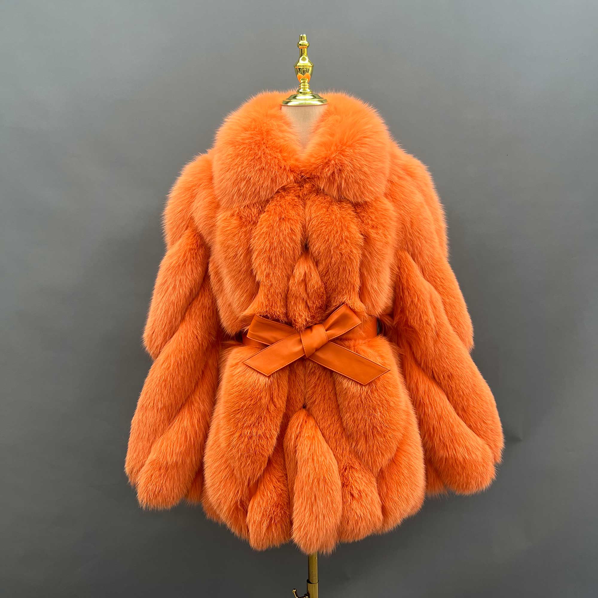 Lapel Genuine Fox Fur Womens Coat Leather Belt Style Fur Coat - Janefur