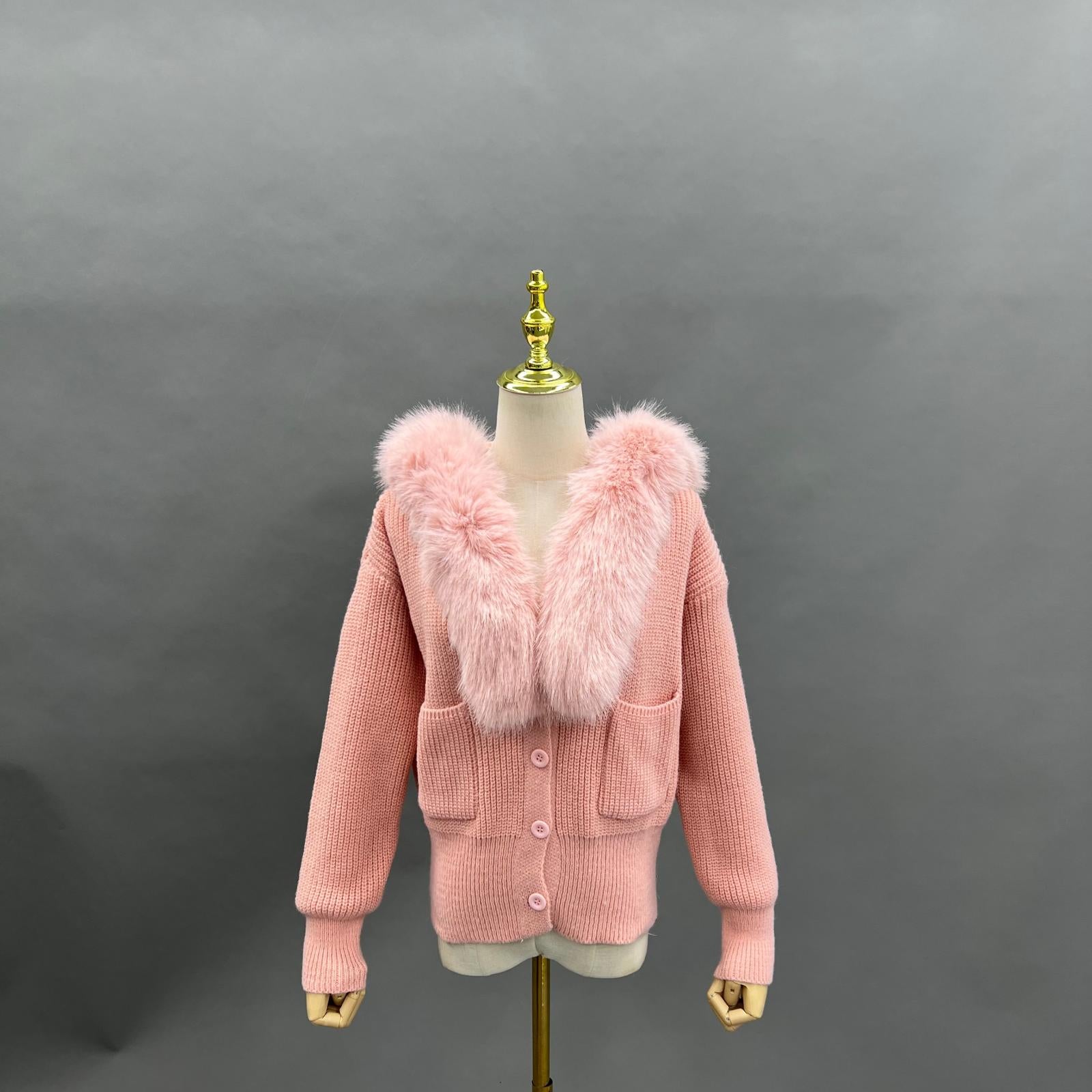 Women's Knitted Hooded Faux Fur Collar Active Fashion Jacket - Janefur