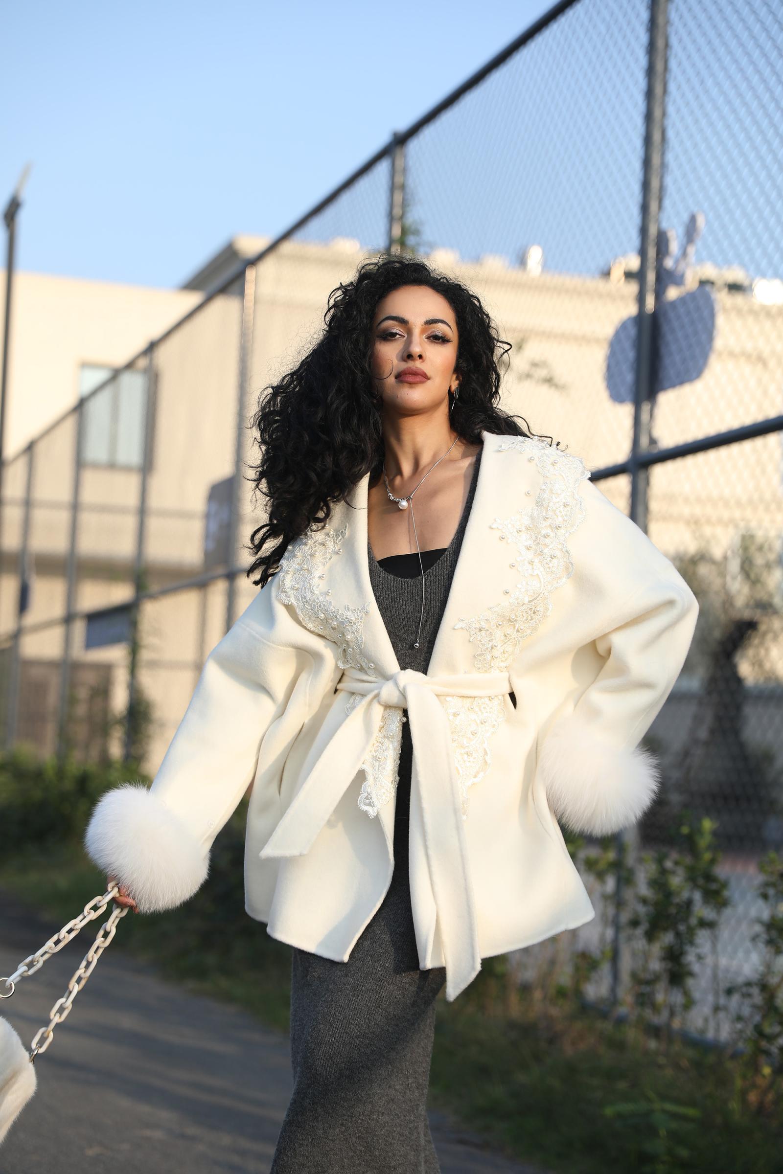 Double-Faced Cashmere Jacket for Women Vintage Lace with Rhinestone Double-Faced Wool Outer Jacket - Janefur