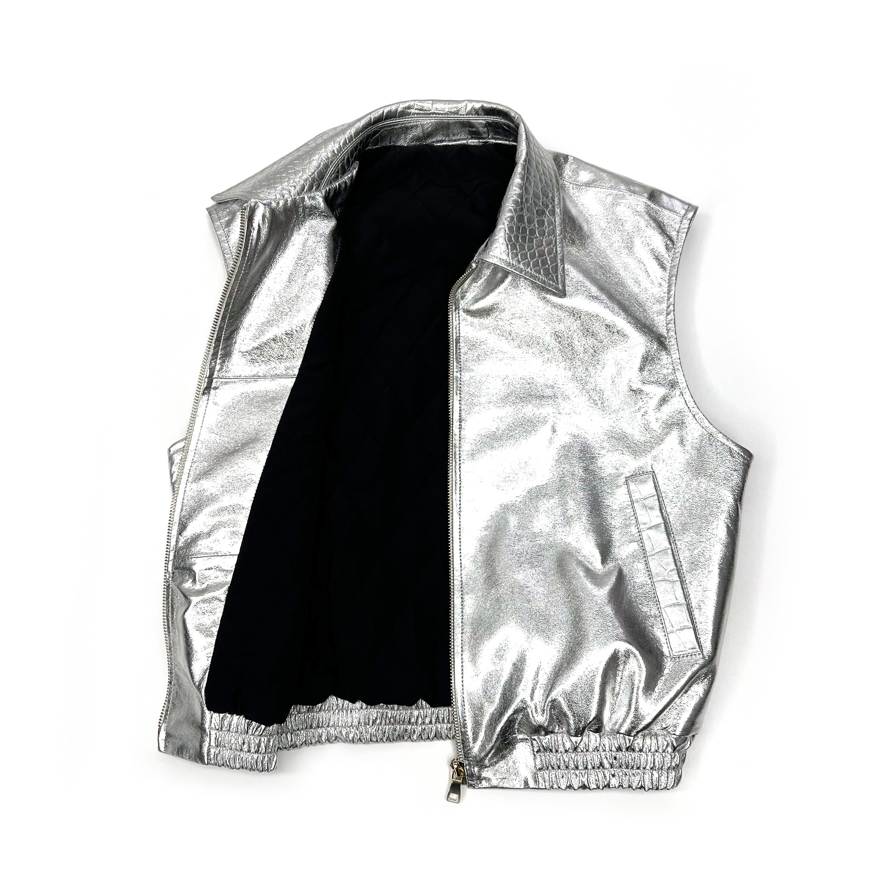 Shiny Silver Lapel Sleeveless Vest: Edgy & Chic Fashion Statement - Janefur