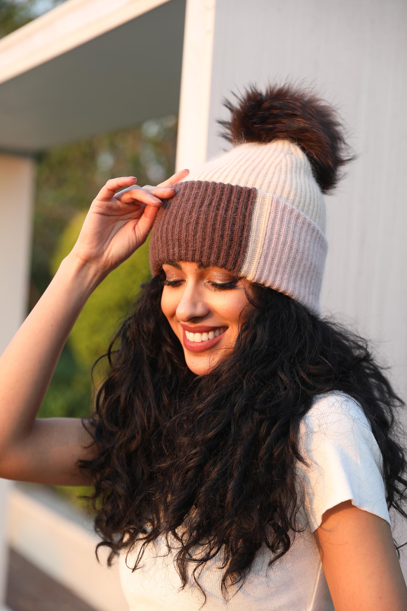 Women's Color-Blocked Trendy Rabbit Fur Hat with Pom Poms for Warmth - Janefur