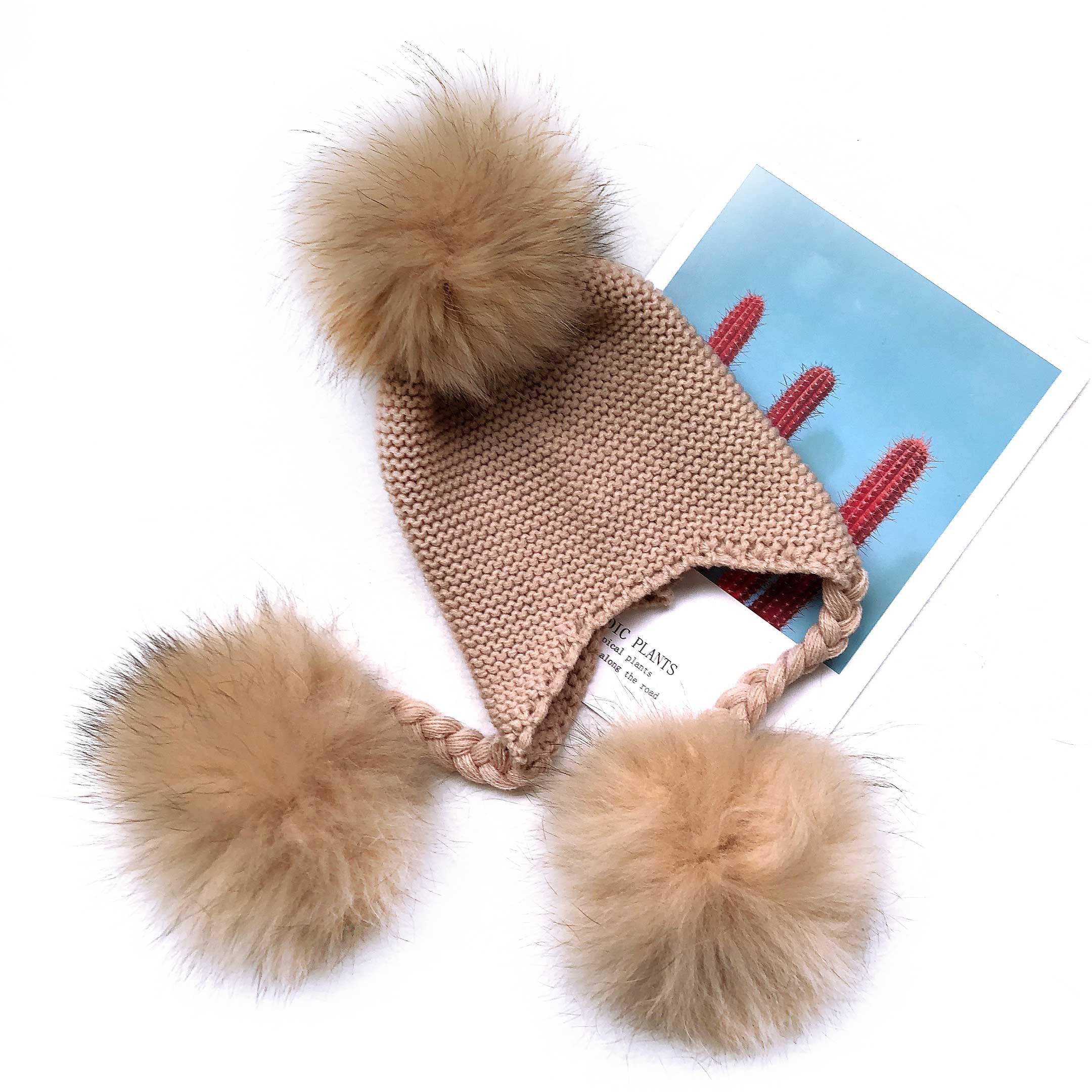 Children's Fashion Knitted Big Braid Raccoon Fur Pom Pom Hat - Janefur