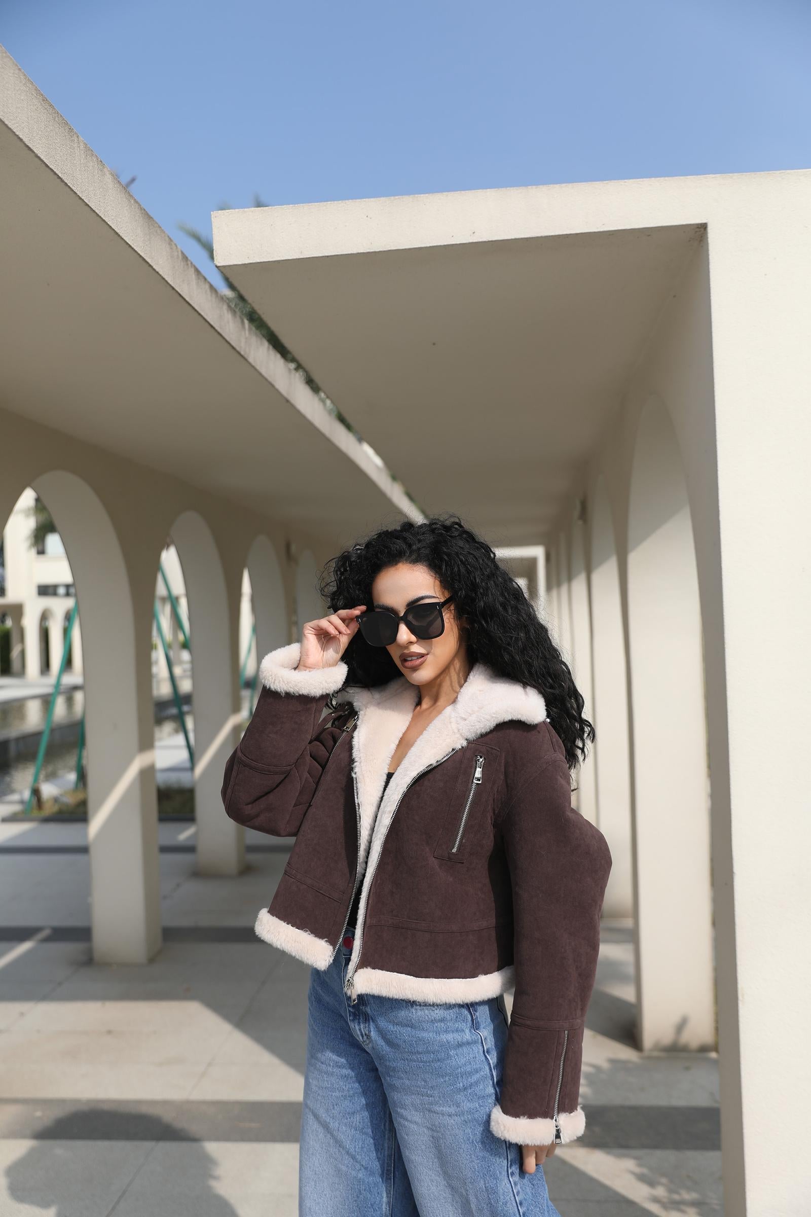Leather and Faux Fur Zippered Collar Trendy Lapel Jacket - Janefur