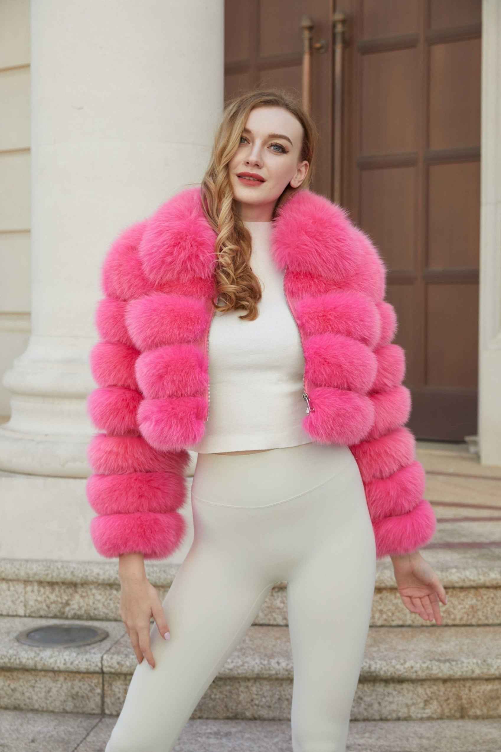 Women's Five Sections Zipper Fox Fur Coat Winter Coat - Janefur