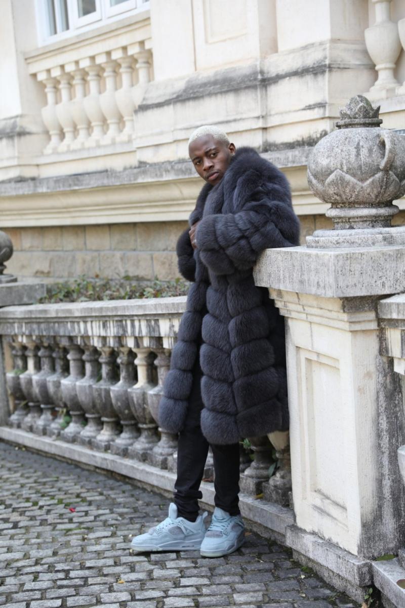 Men's long coat with a nine-section bread pattern and blue fox fur - Janefur