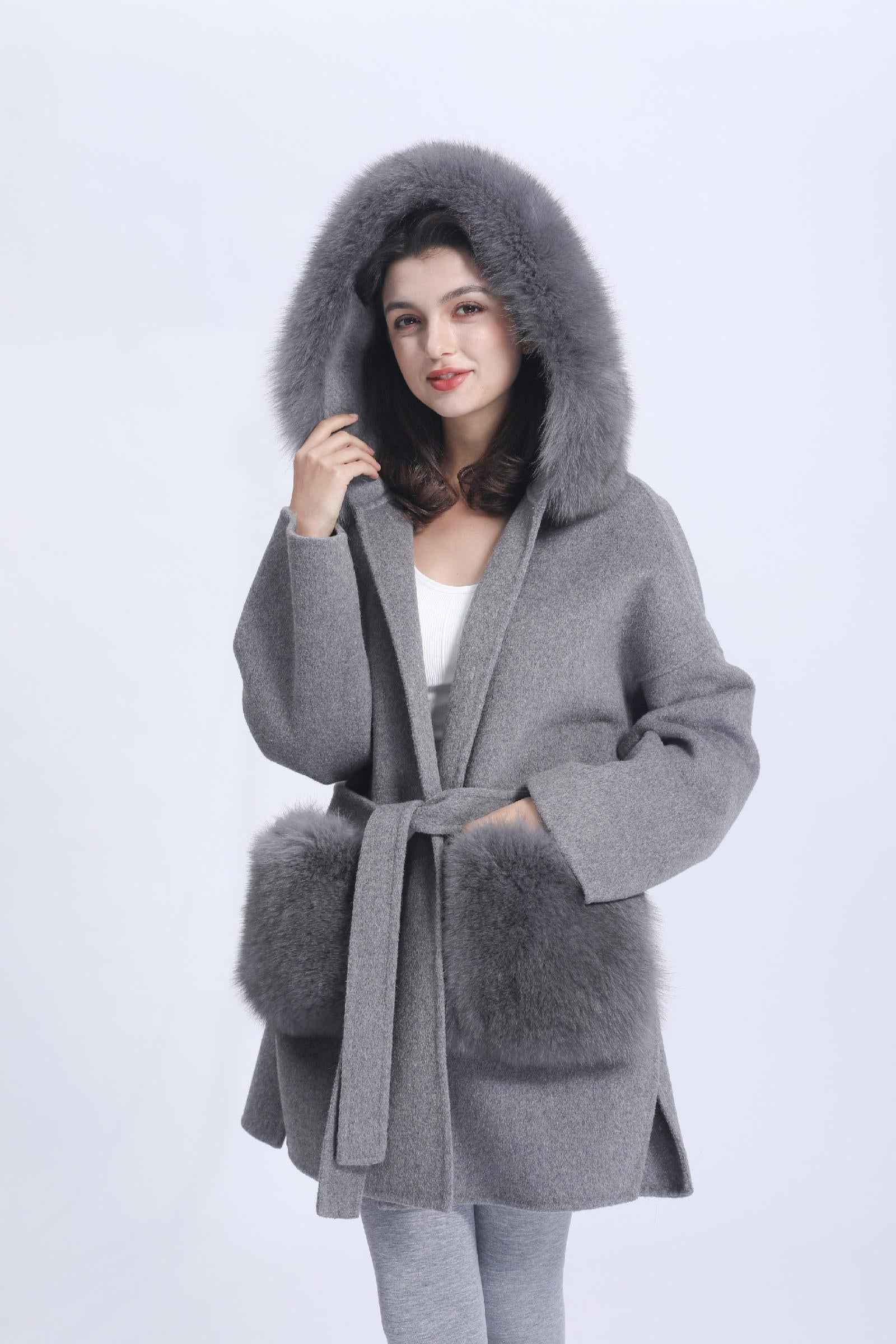 Cashmere Short Coat Women's Fashion Casual Hooded Jacket with Fur Pockets and Fur Collar Double-faced Wool Coat - Janefur