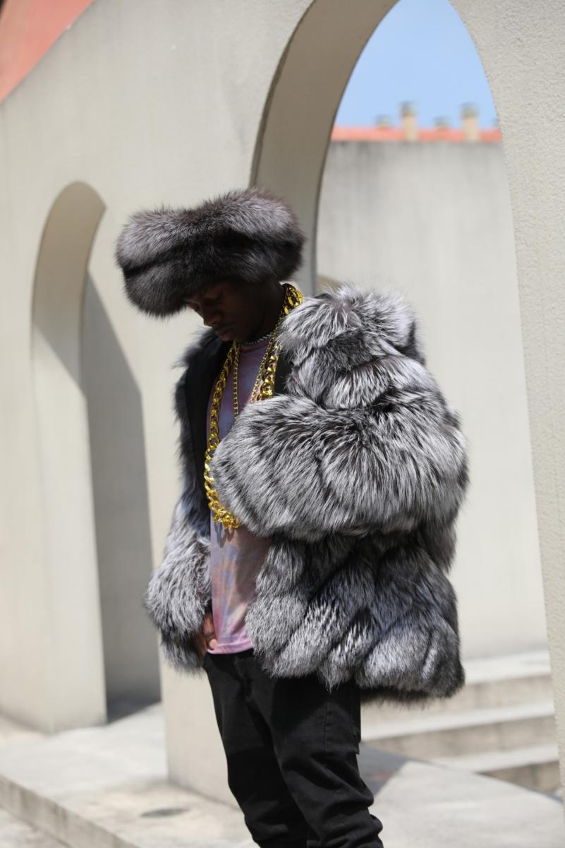 Silver fox diagonal stripe coat with a hood - Janefur
