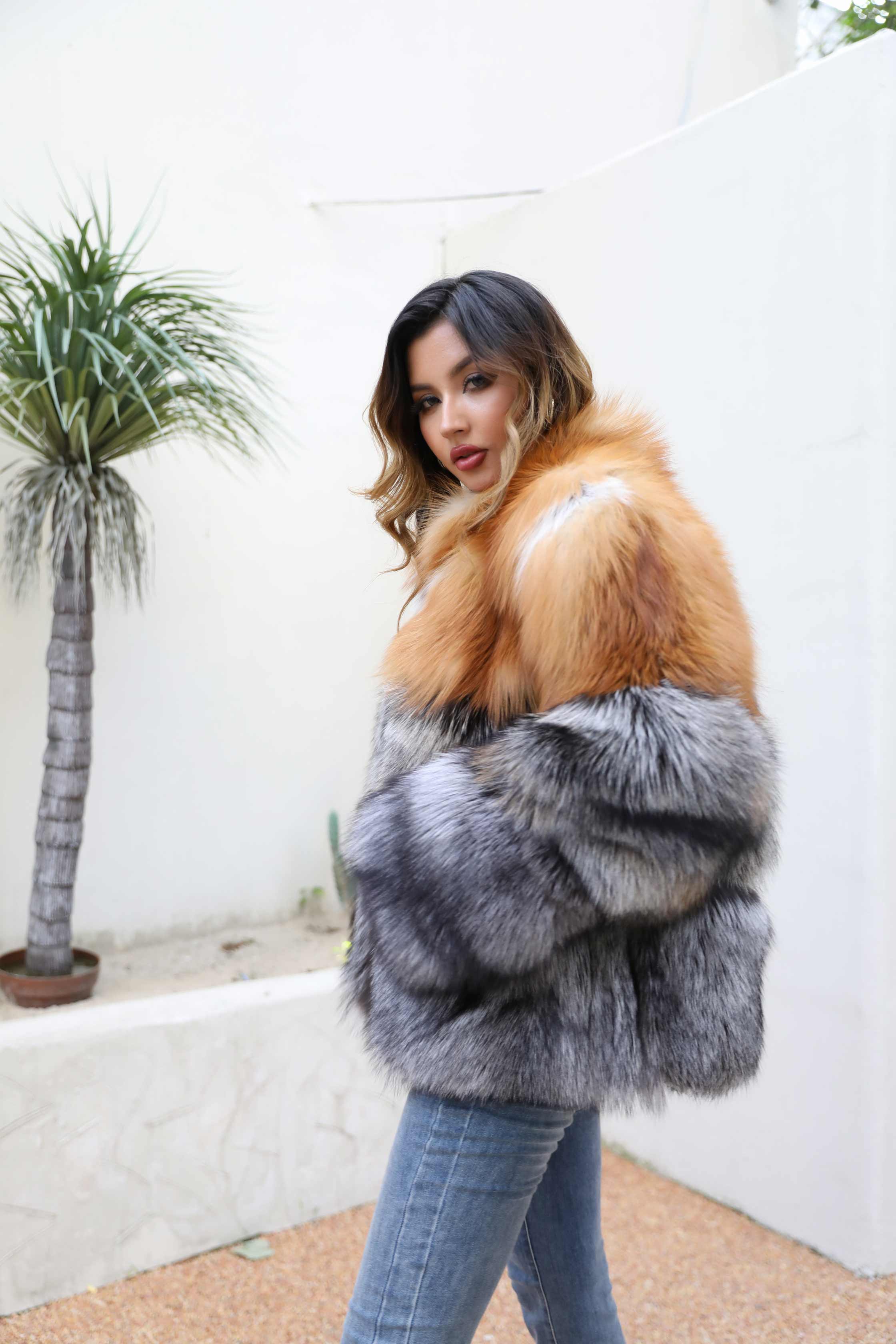Standing Collar Real Fox Fur Silver Fox Winter Women's Coat - Janefur