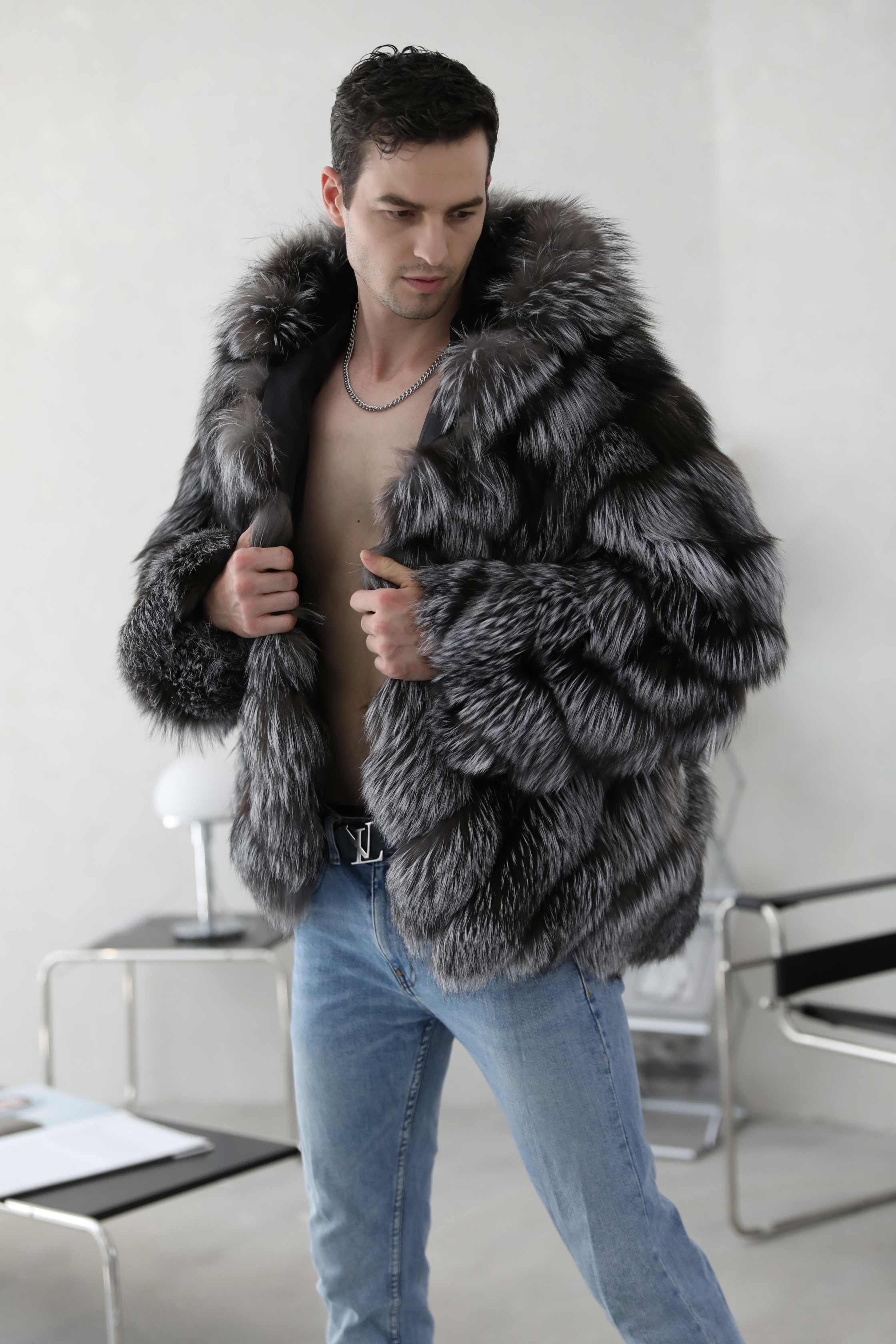 Hooded Luxury Diagonal Stripe Fox Fur Jacket Warm Men's Coat - Janefur