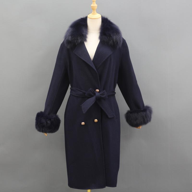 Women's Long Cashmere Coat With Fox Fur Collar And Belt - Janefur