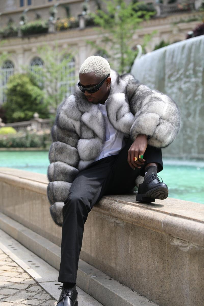 Black And White Fox Fur Coat For Men With Suit Collar - Janefur