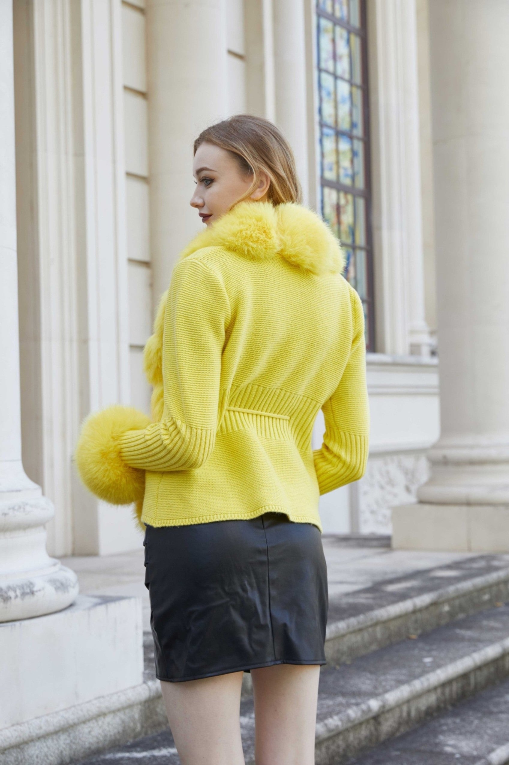 Women's Knitted Sweater Coat Cuff Placket with Eco-Fur Faux Fur - Janefur