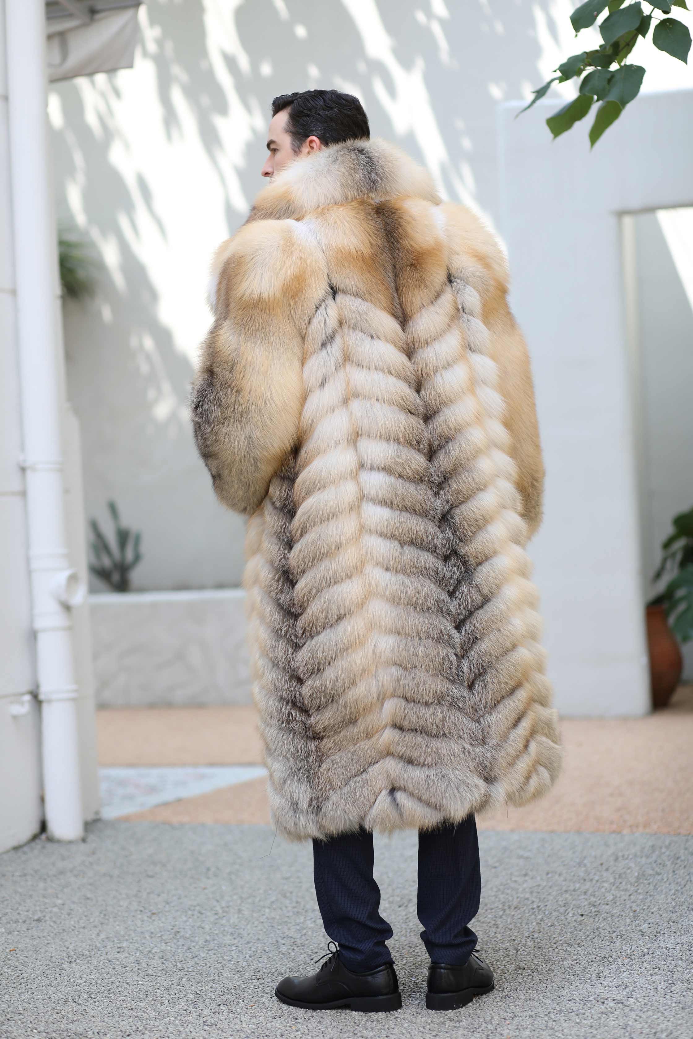 Men's Long Golden Island Fox Luxury Fox Fur Real Fur Winter Coat - Janefur