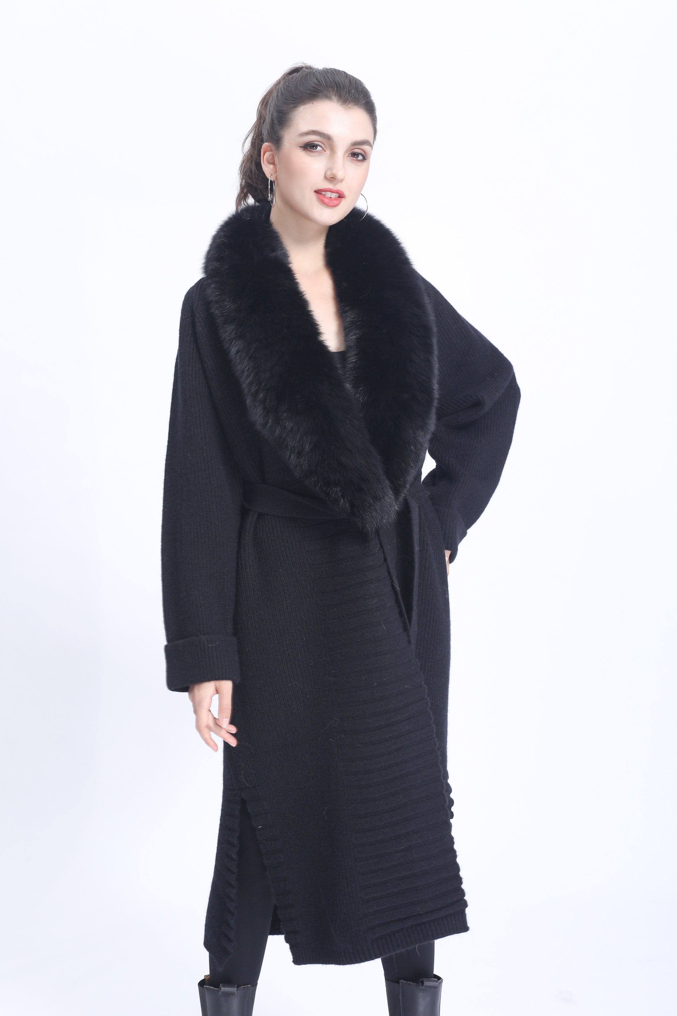 Ladies' Wide Lapel Belted Knitted Sweater Spring Knit Cardigan Long Outerwear - Janefur