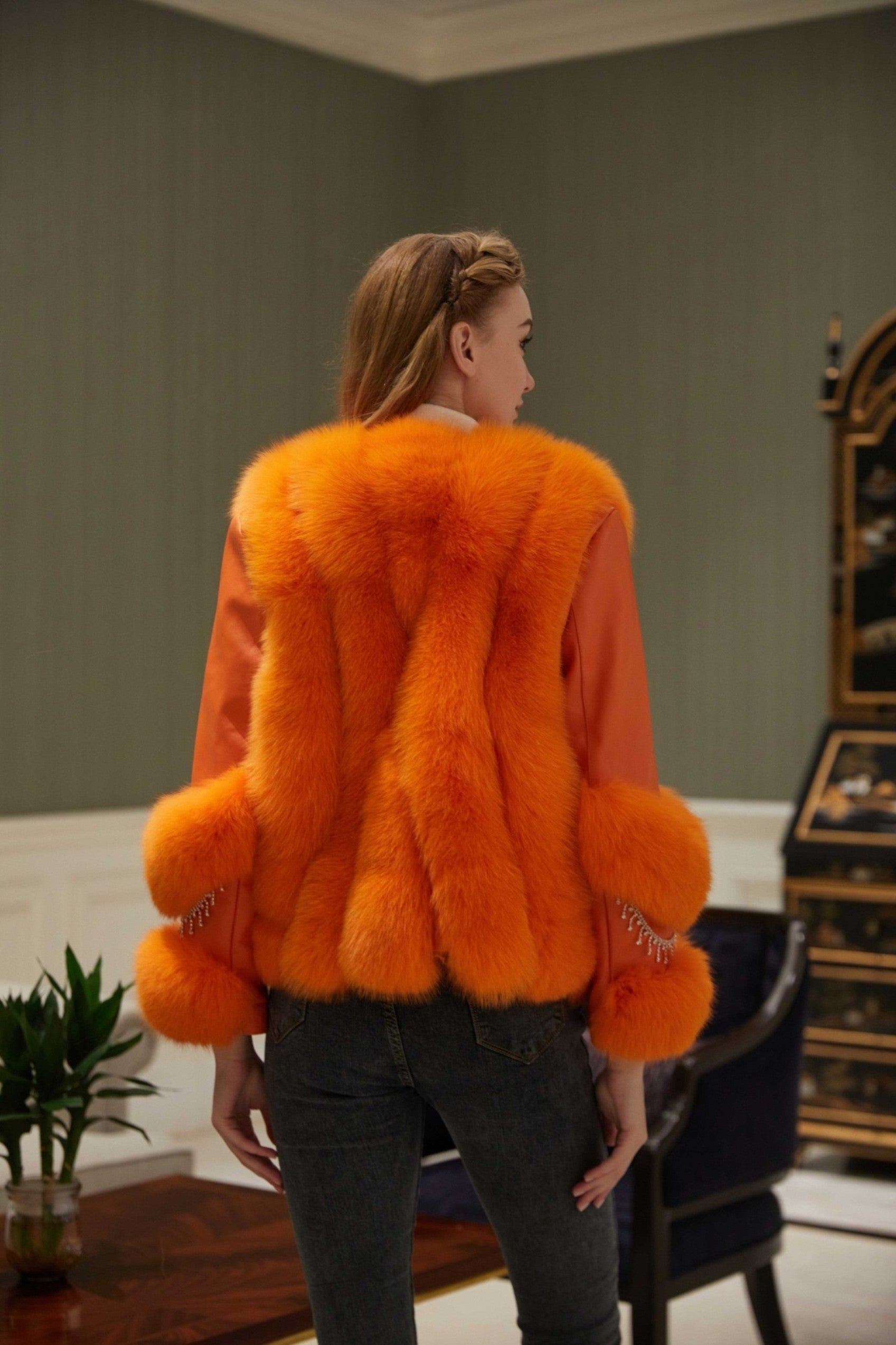 Women's Fox Fur Placket Down Jacket With Pearl Embellished Pockets - Janefur