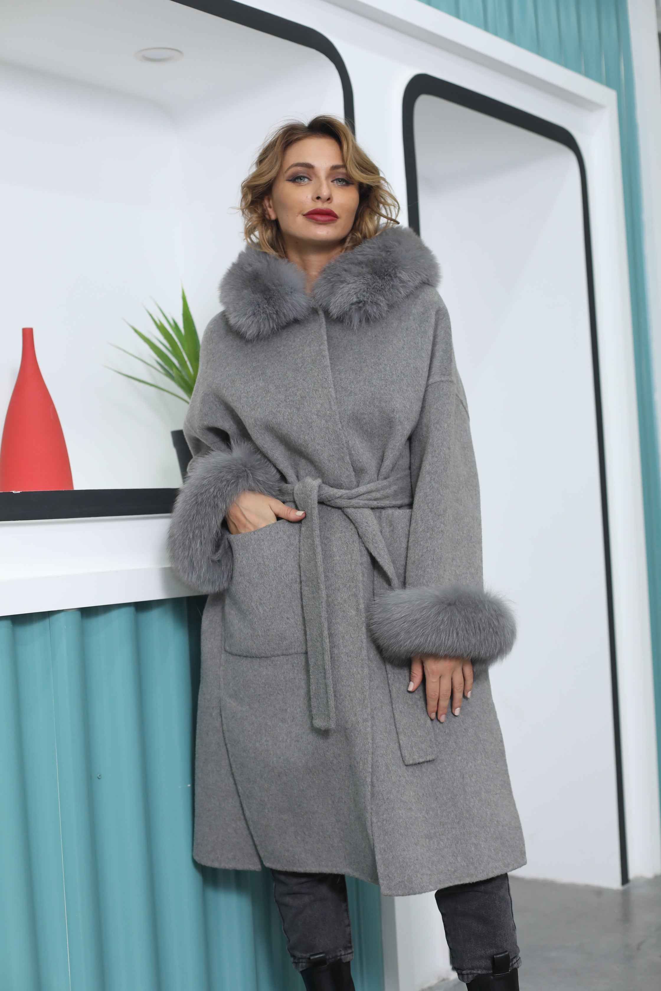 Women's Luxury Double - Faced Cashmere Coat with Fox Fur Collar, Cuffs and Hood, Belted Long Winter Outerwear
