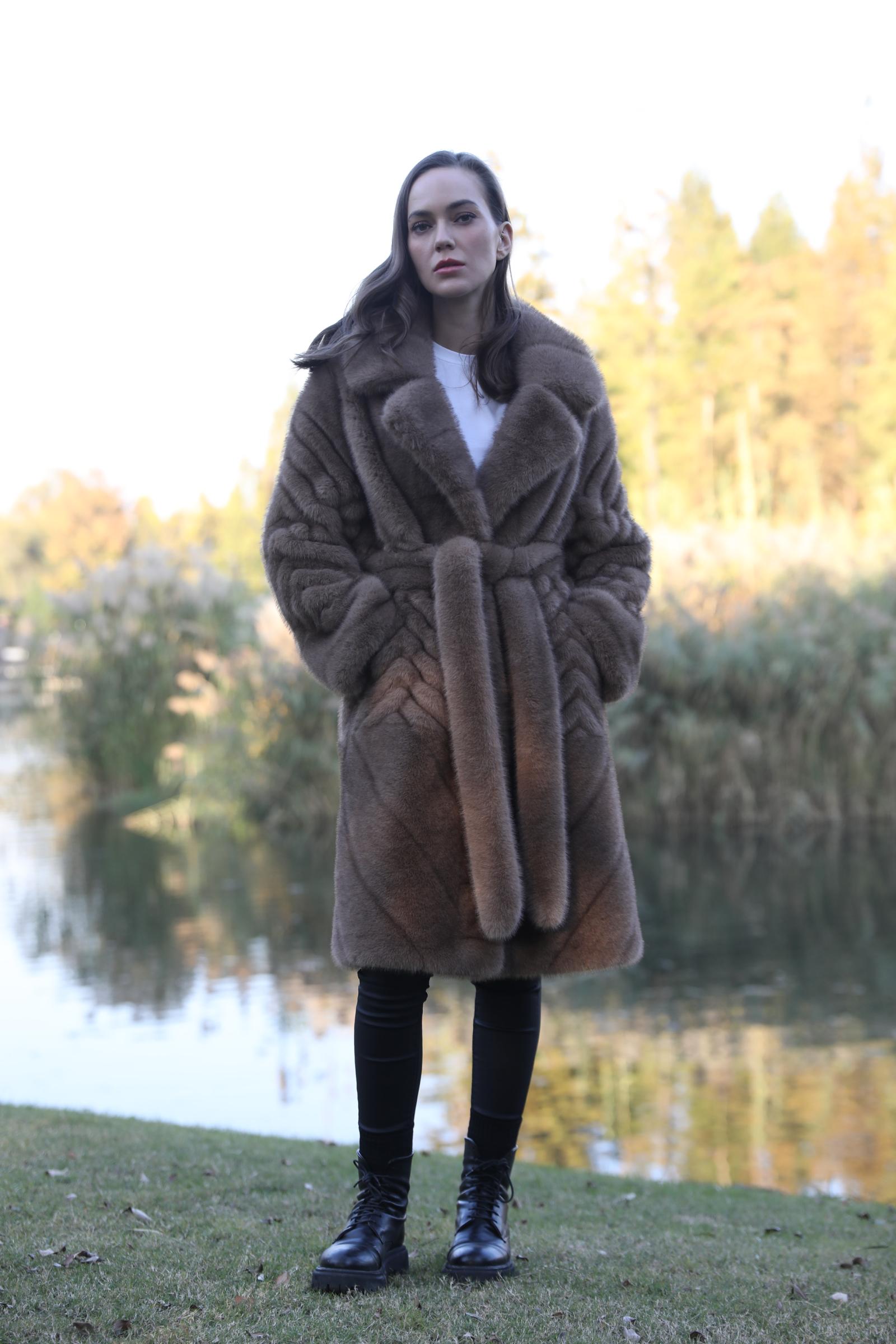 Women's New Fashionable Brown Lace-up Long Faux/Eco Mink Coat - Janefur