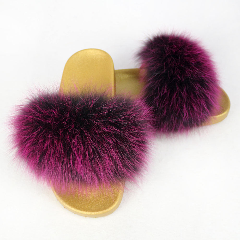Janefur Wholesale Women's Fashion Slippers With Real Fox Fur Trim (Black, Gold, Silver Soles)